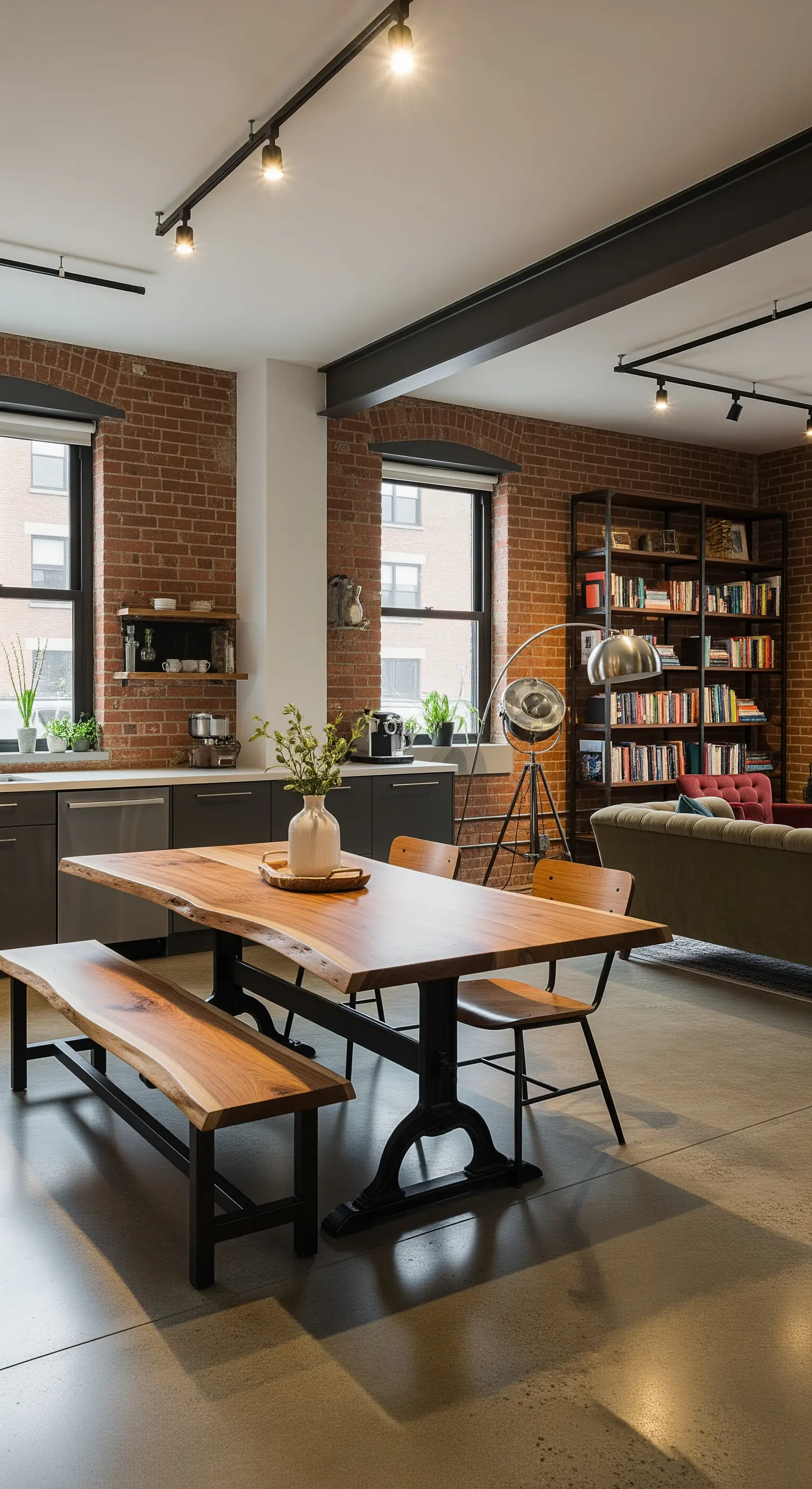 Cucina in stile industriale con tavolo in legno massiccio, mattoni a vista e pavimento in cemento.