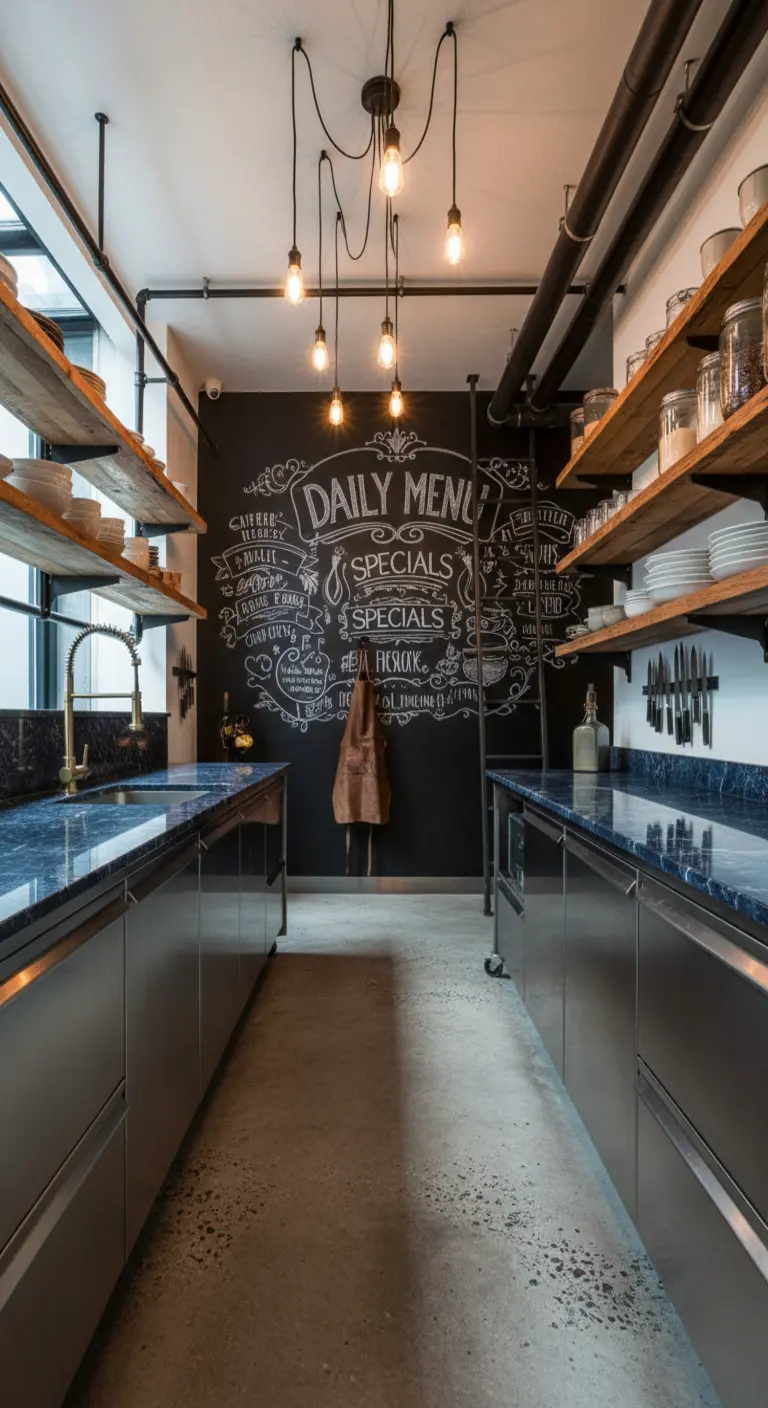 Cucina industrial con banchi in acciaio, mensole in legno, parete lavagna e top in marmo blu.