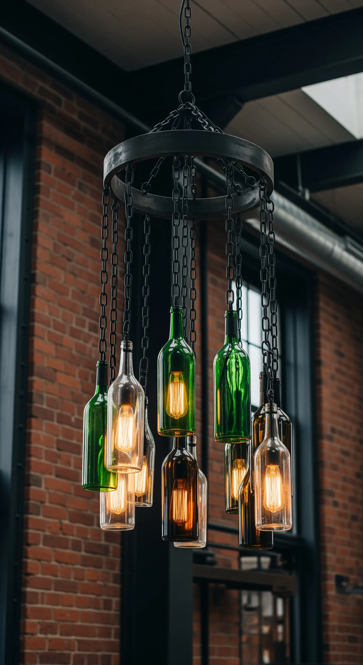 Lampadario industriale a ruota con catene e bottiglie di vino di diversi colori.