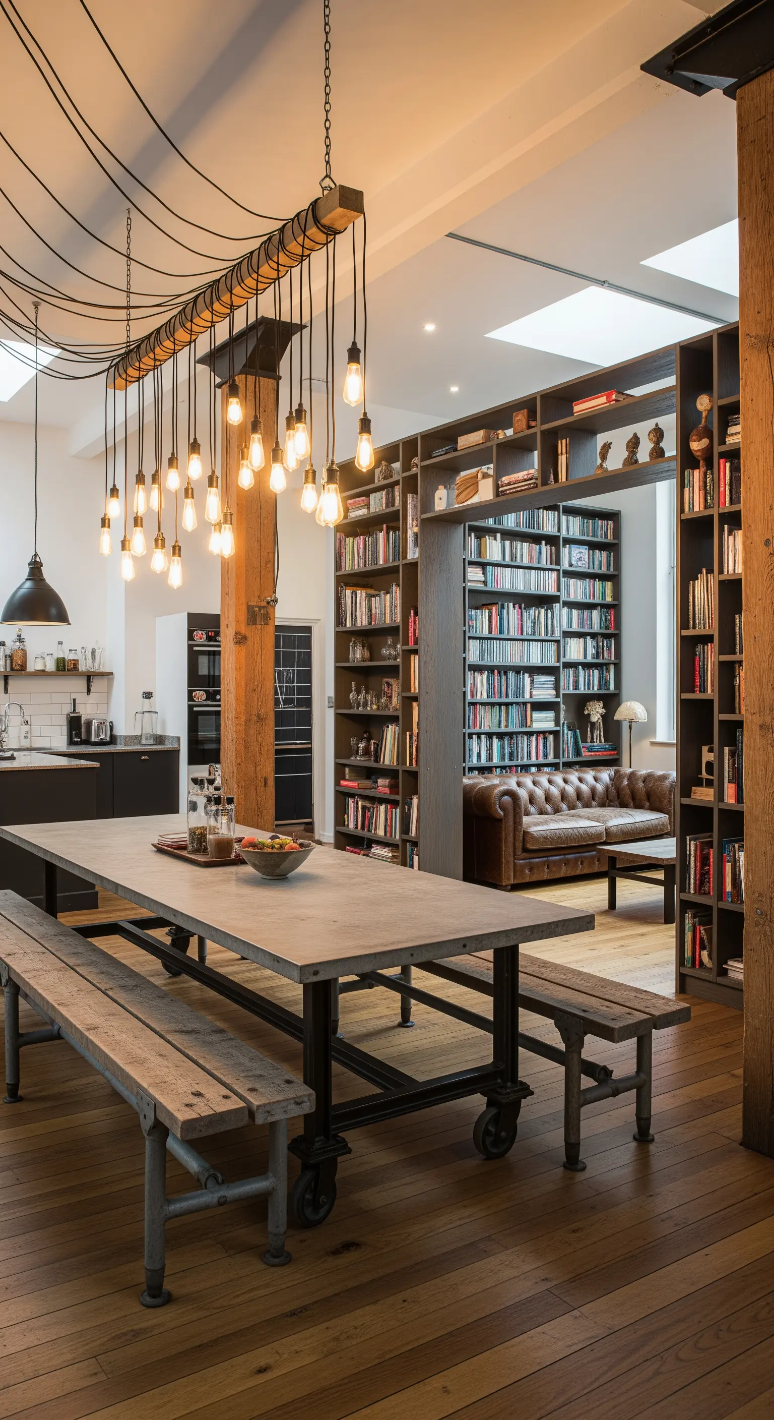 Cucina in un loft industriale con tavolo su ruote e un'enorme libreria che incornicia un salotto.
