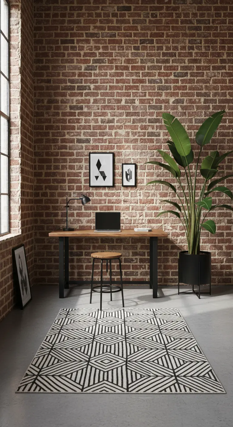 Scrivania industriale davanti a un muro di mattoni rossi, con tappeto a motivi geometrici.