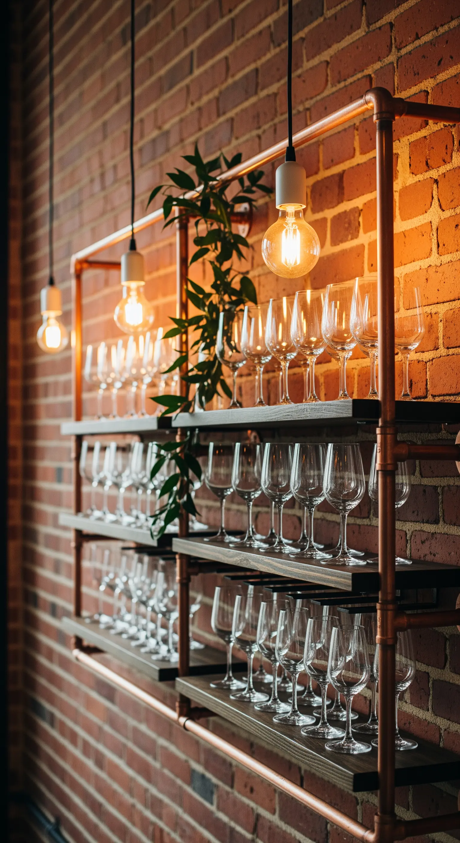 Scaffalatura in tubi di rame e legno su parete di mattoni, con calici e lampadine Edison.