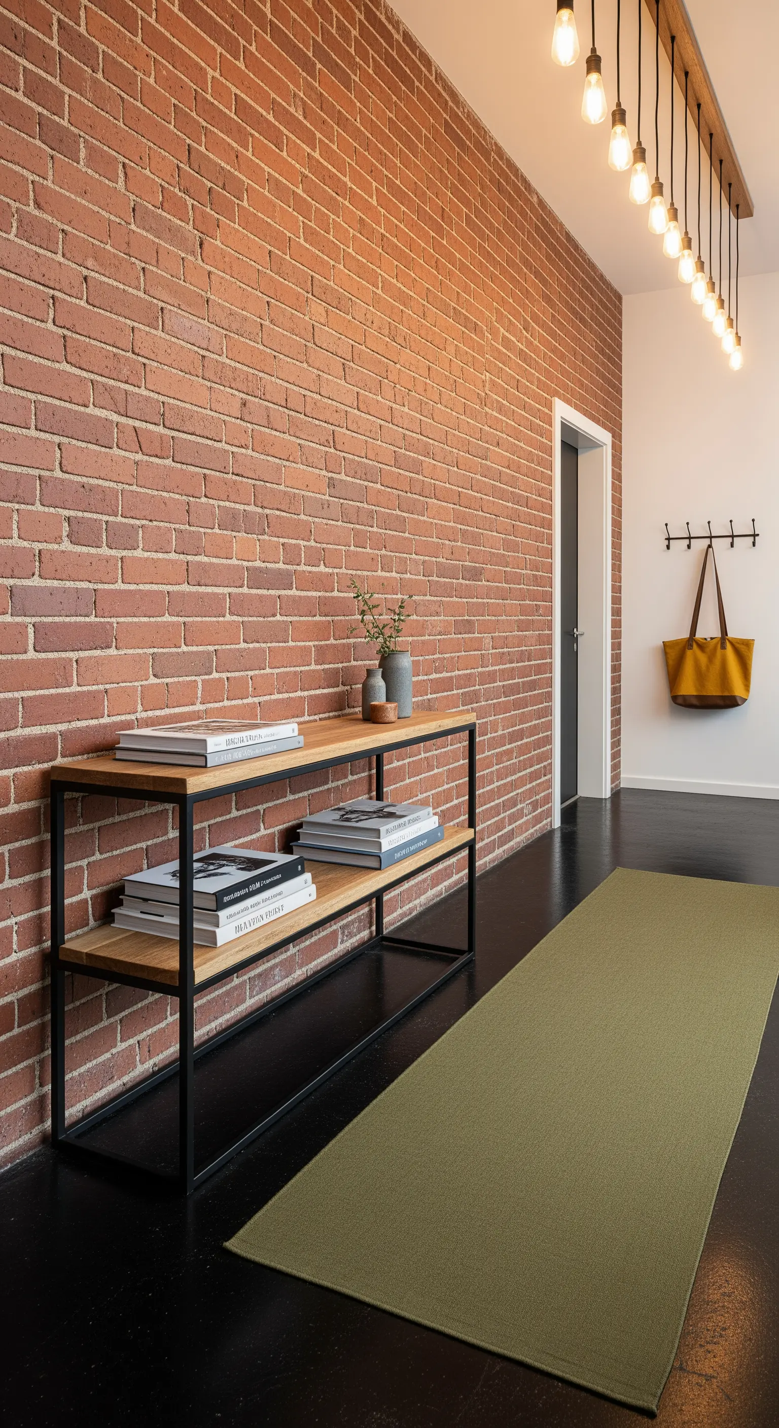 Ingresso industriale con parete in mattoni, consolle nera e runner verde oliva su pavimento scuro.