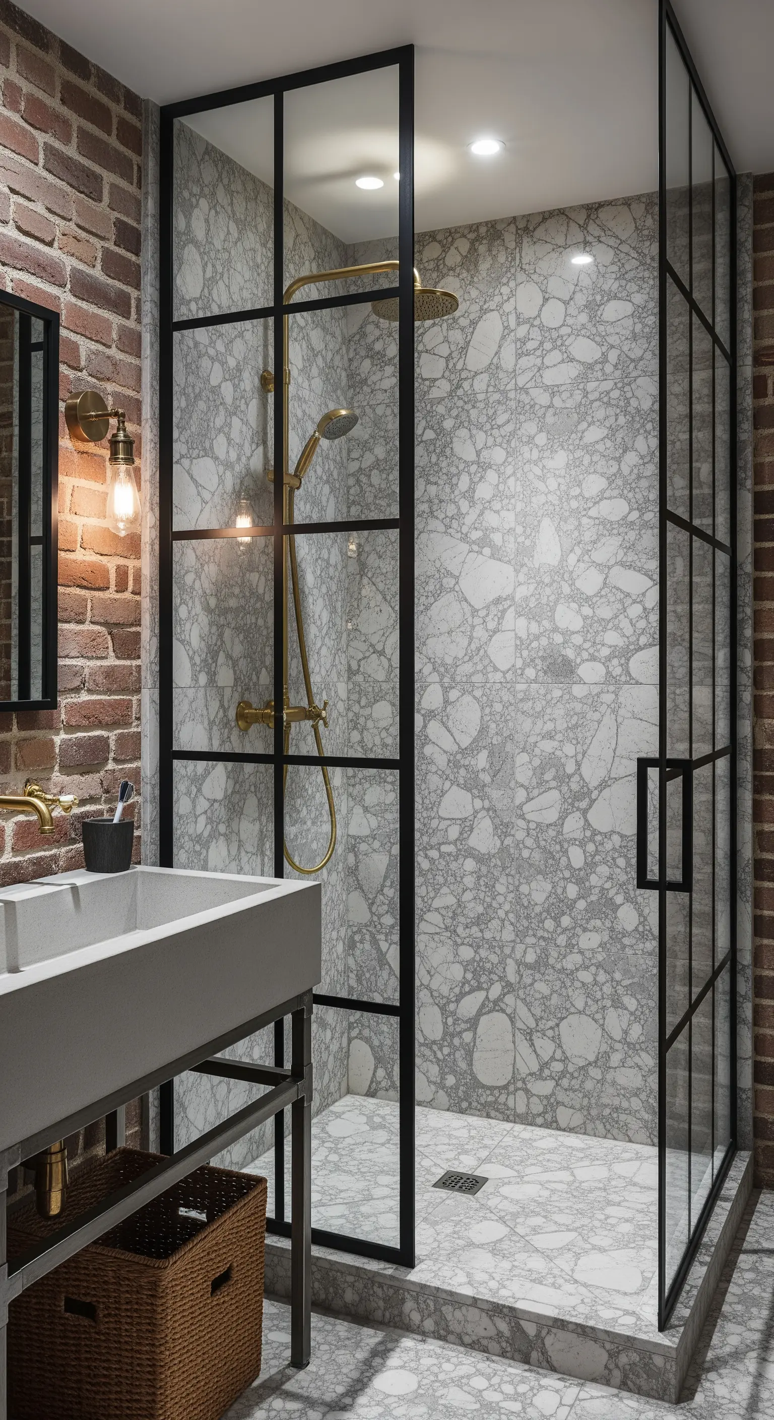 Bagno in stile industriale con parete in mattoni, doccia in marmo e profili neri.