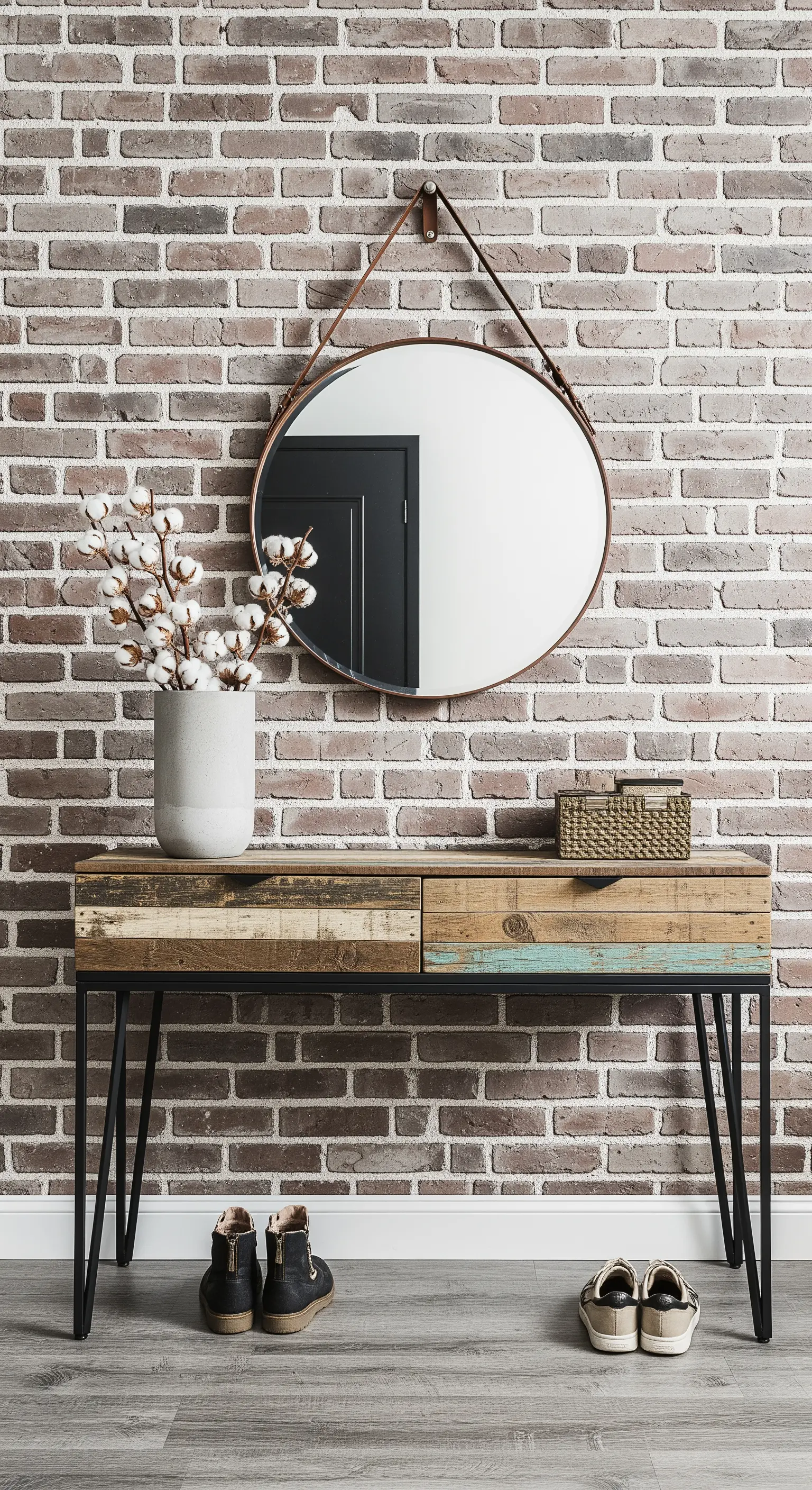 Consolle in legno di recupero e metallo contro una parete di mattoni, con specchio tondo.