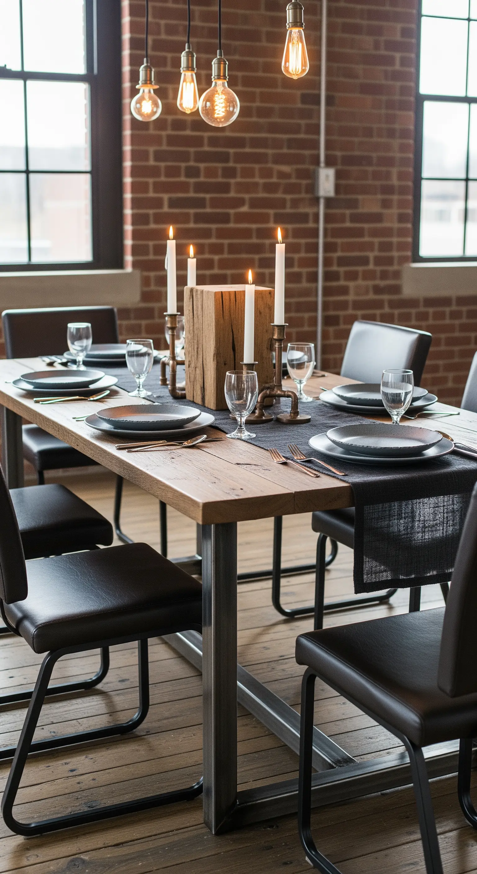 Tavola in stile industriale con centrotavola in legno massiccio e lampadine a vista.