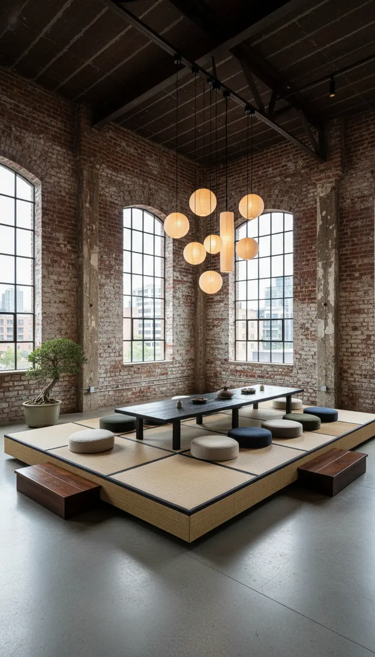 Loft industriale con mattoni a vista e una grande piattaforma tatami per la zona relax.