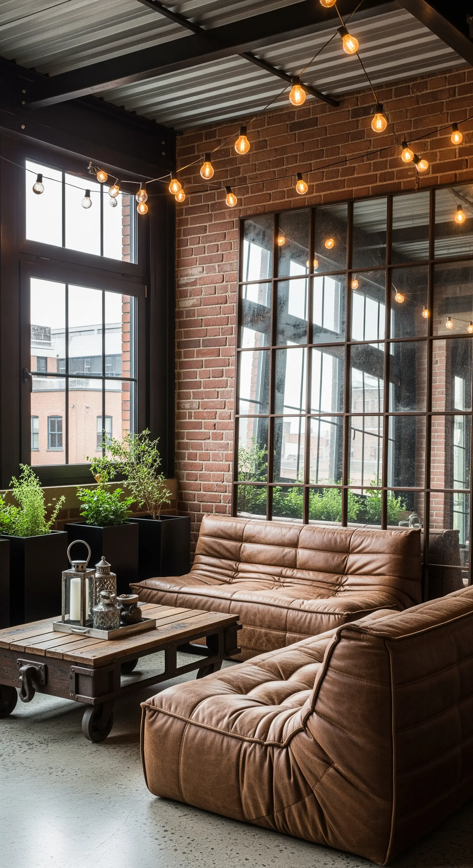 Portico in stile industriale con divani in pelle, parete di mattoni e un grande specchio a finestra