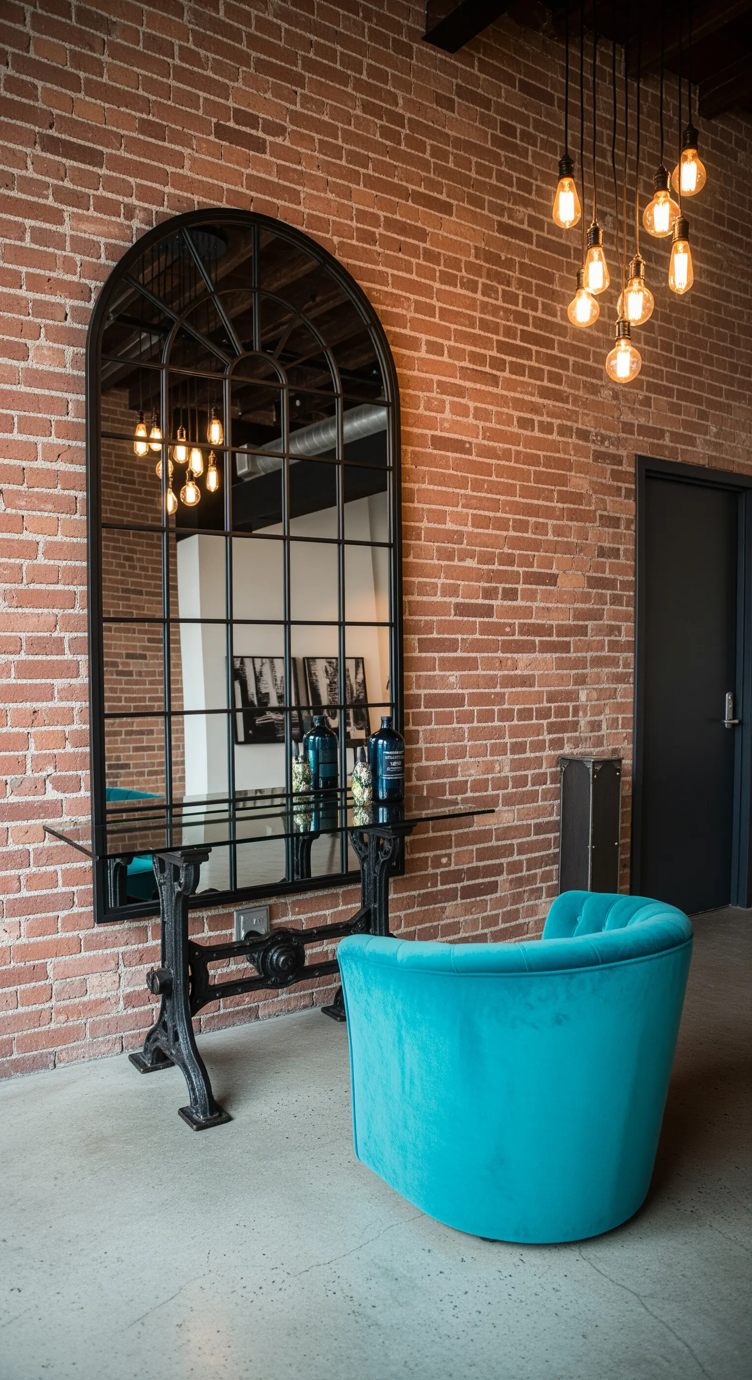 Ingresso industriale con parete in mattoni, specchio a finestra e poltrona in velluto turchese