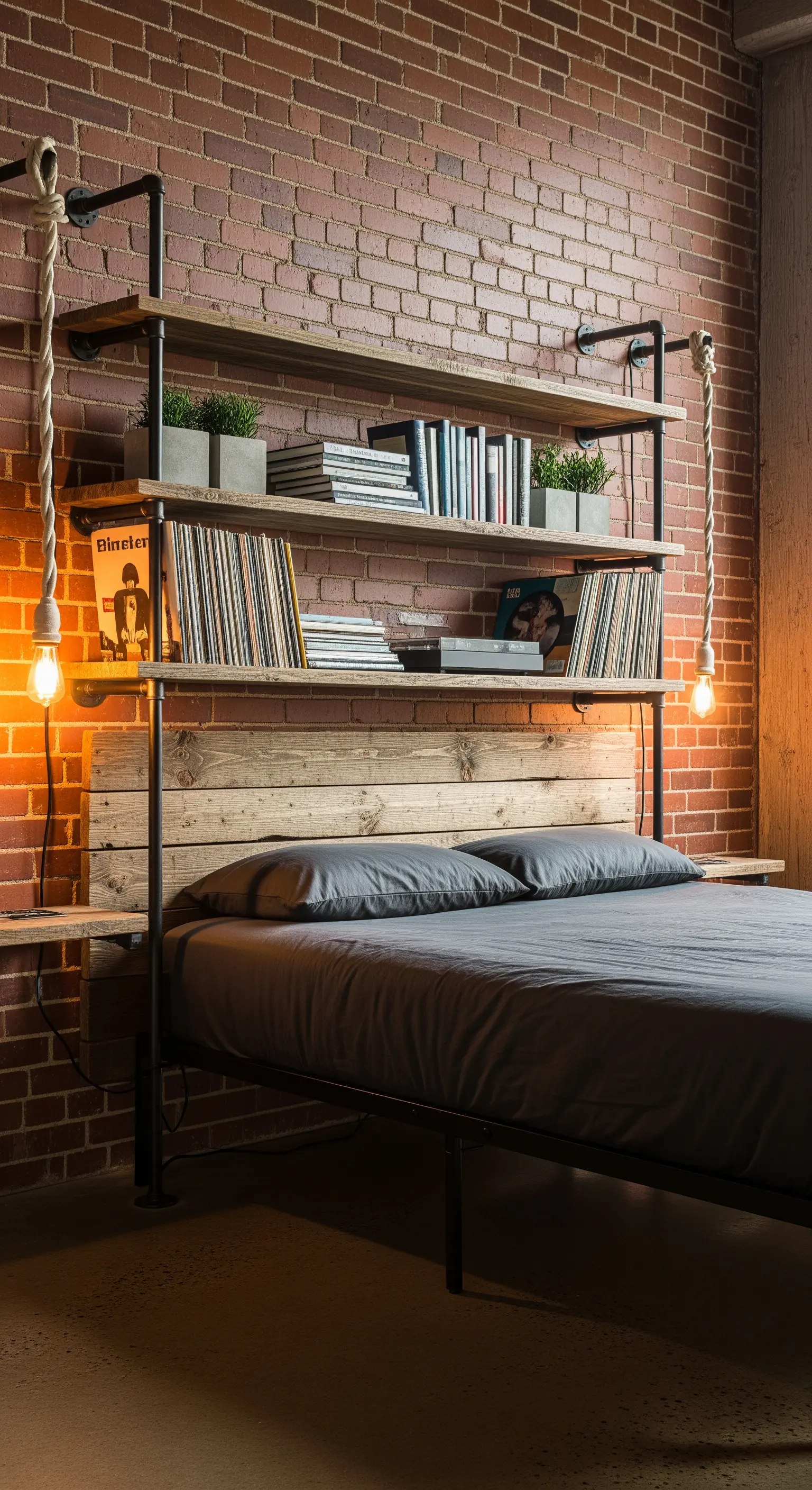 Libreria industrial con tubi metallici e legno su una parete di mattoni.