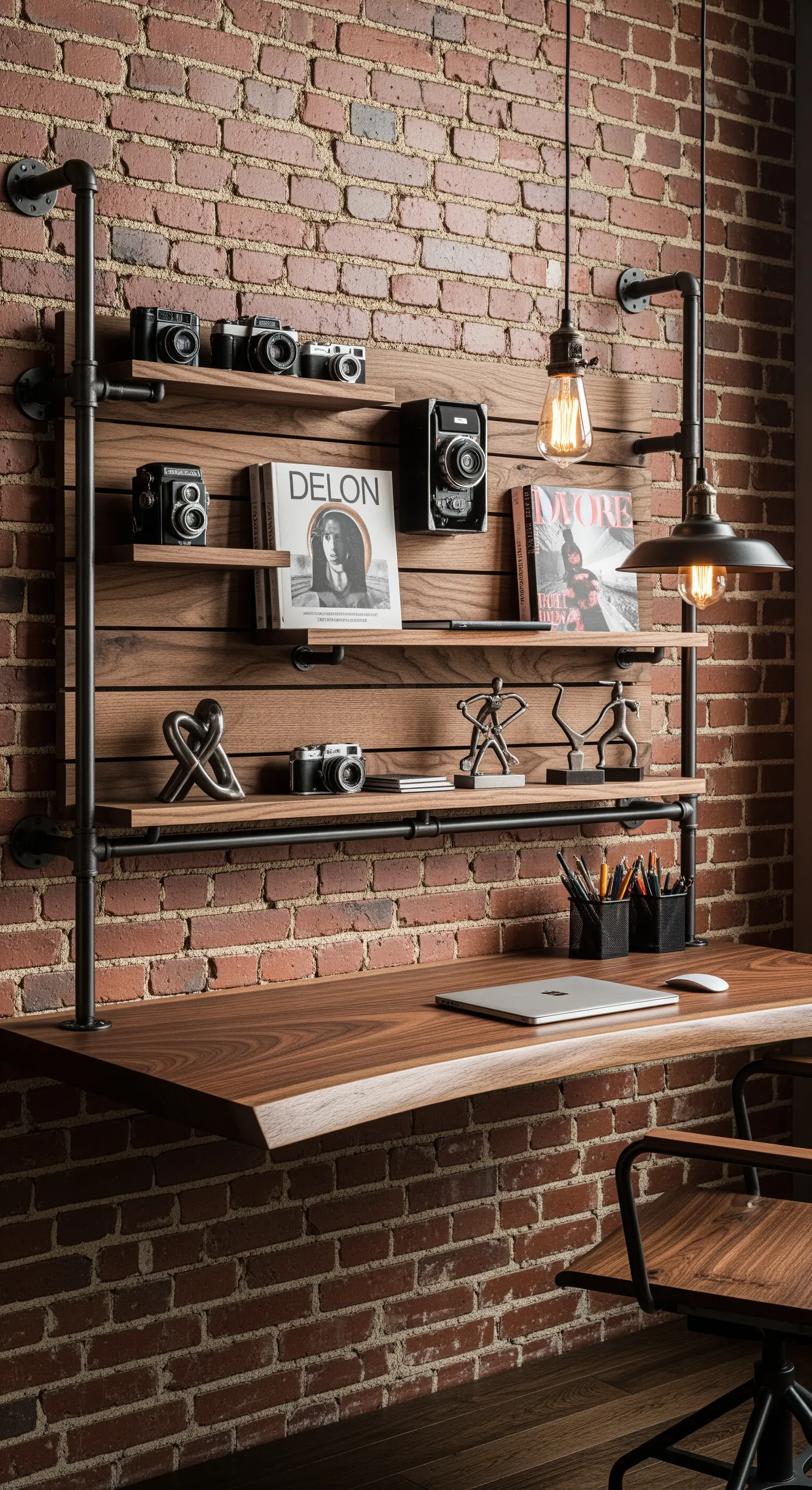 Parete attrezzata in stile industriale con tubi neri e mensole in legno su un muro di mattoni.