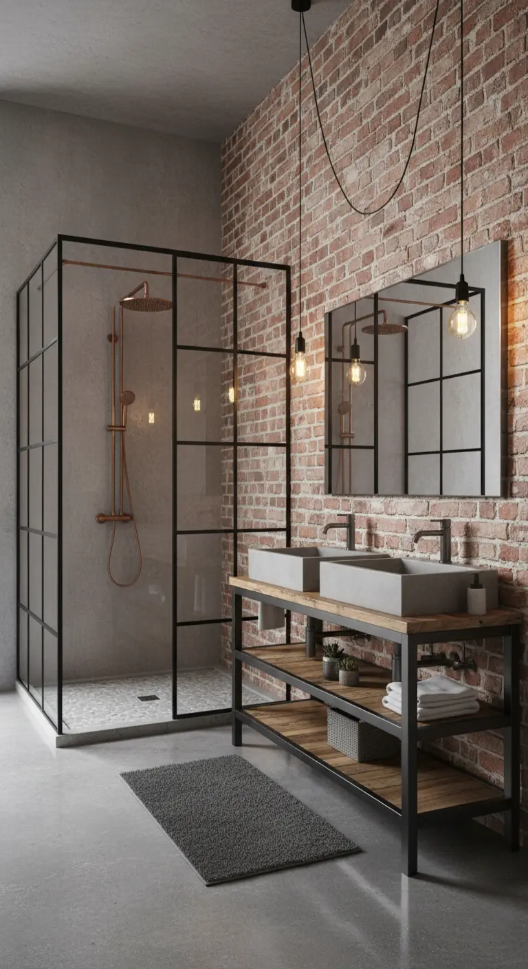 Bagno industriale con parete in mattoni, doppio lavabo in cemento e box doccia con profili neri.