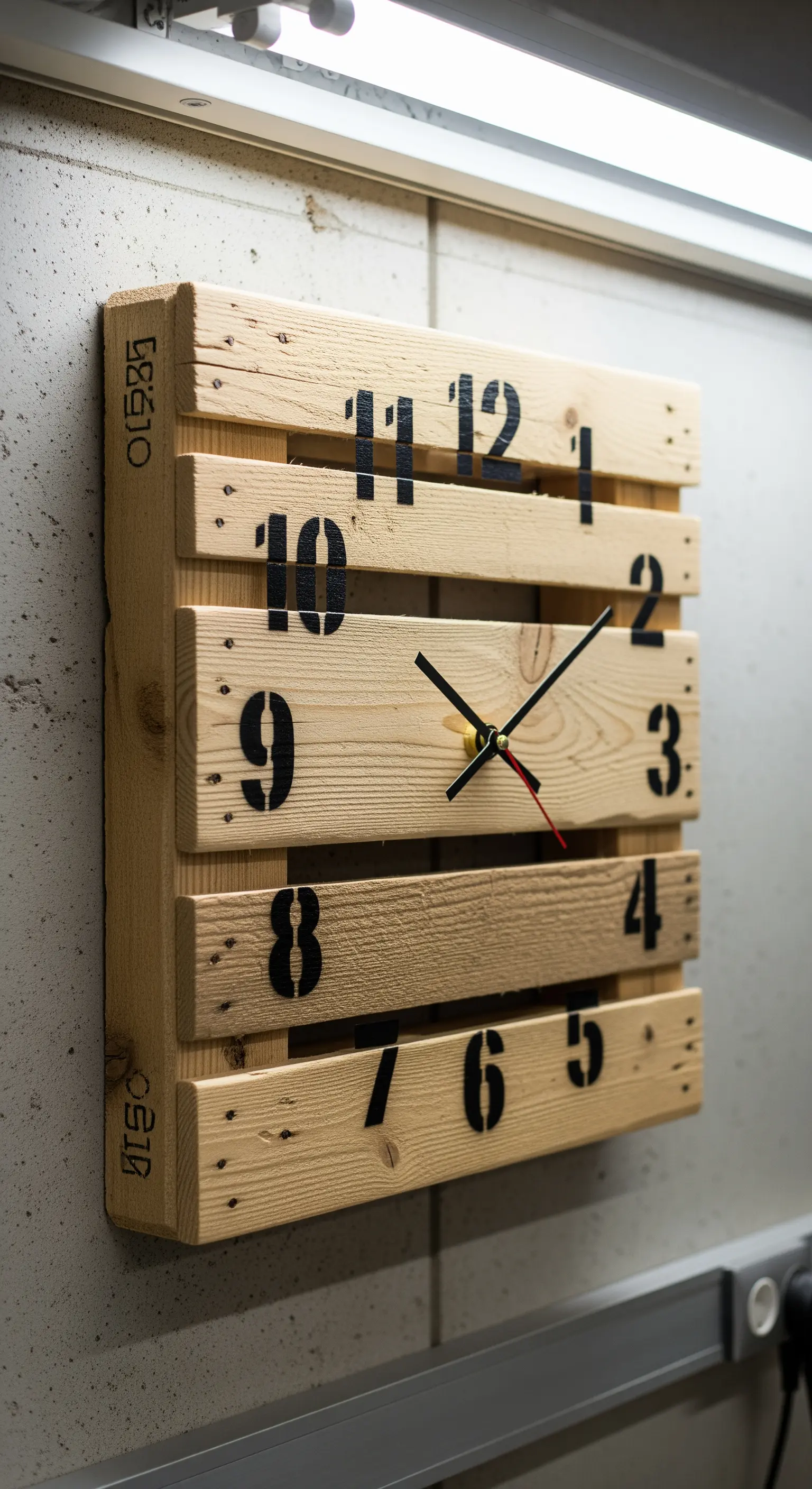 Orologio da parete quadrato realizzato con assi di legno di pallet riciclato e numeri neri.