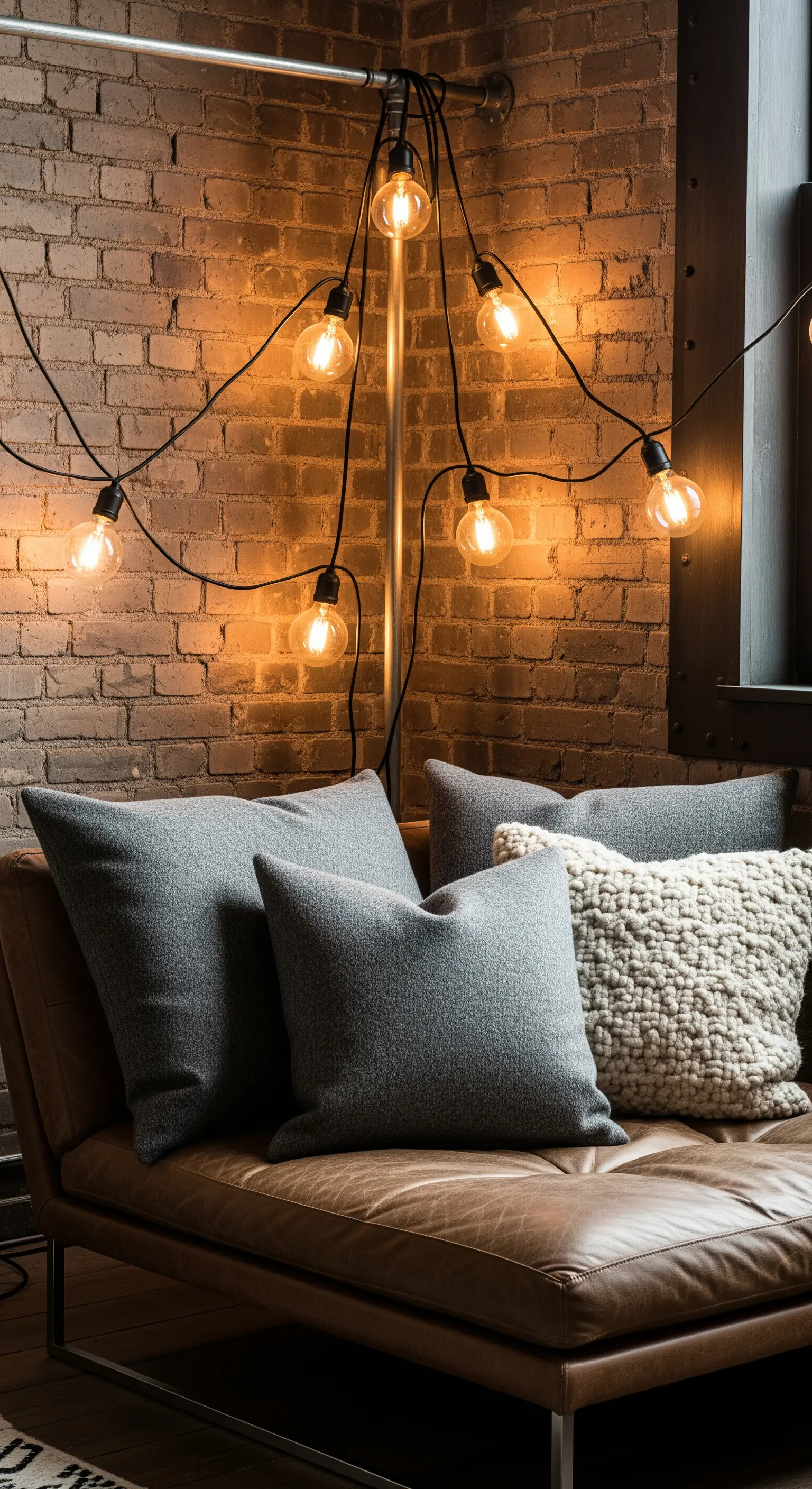 Divano in pelle in un loft industriale, con luci a bulbo avvolte attorno a un palo metallico.