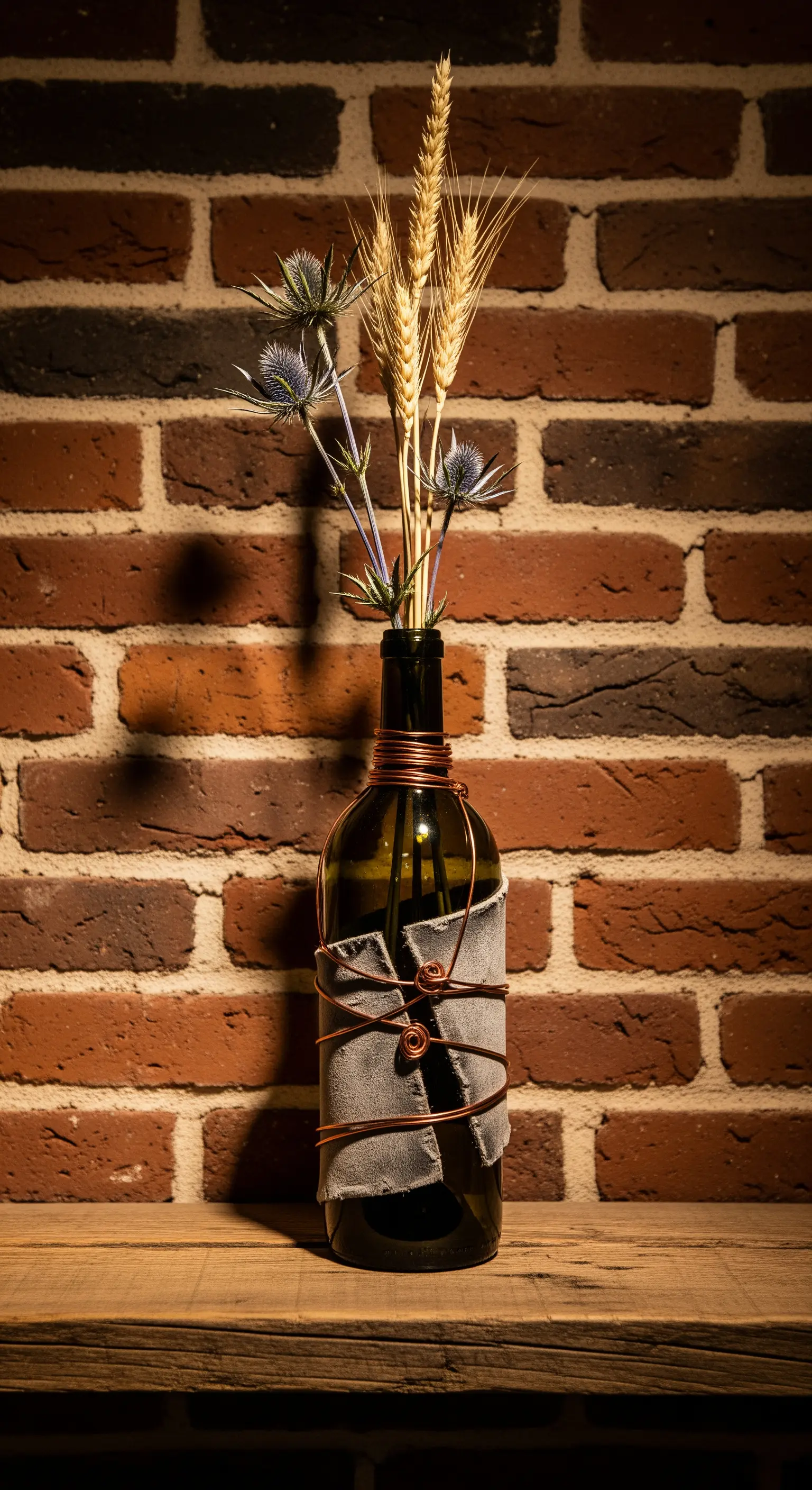 Bottiglia di vino scura avvolta con tessuto grezzo e filo di rame.