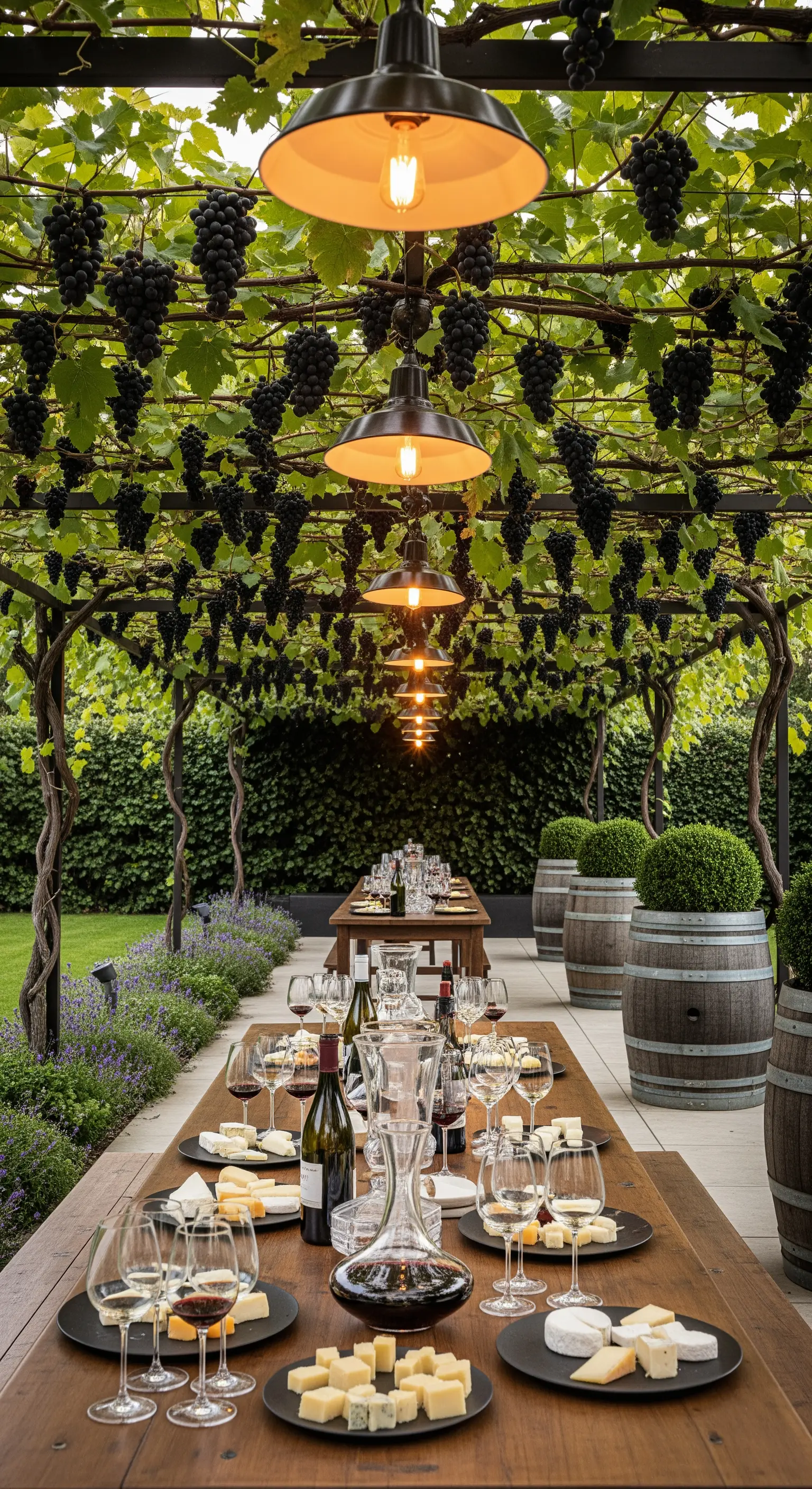 Lungo tavolo da pranzo sotto una pergola d'uva, illuminato da lampade industriali.