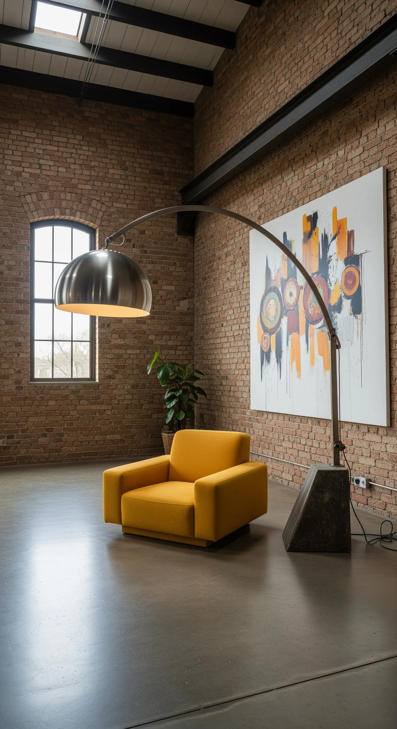 Poltrona senape in un loft industriale con parete in mattoni e grande lampada ad arco.