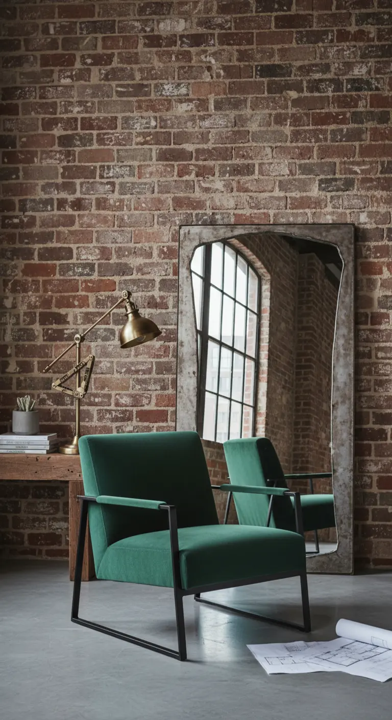 Poltrona in velluto verde con struttura in metallo nero contro un muro di mattoni rossi.