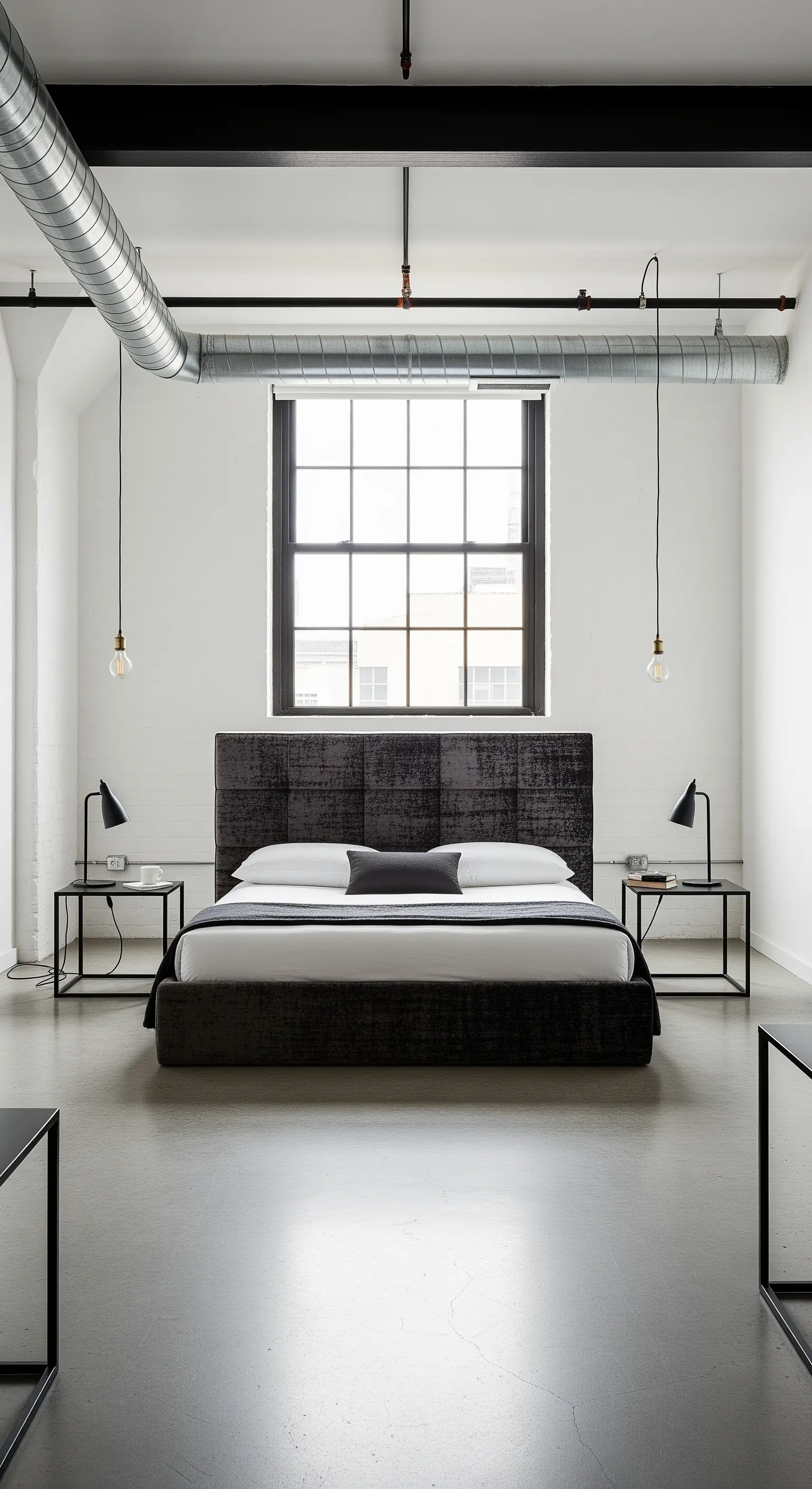 Letto basso con testiera in velluto scuro in un loft industriale.