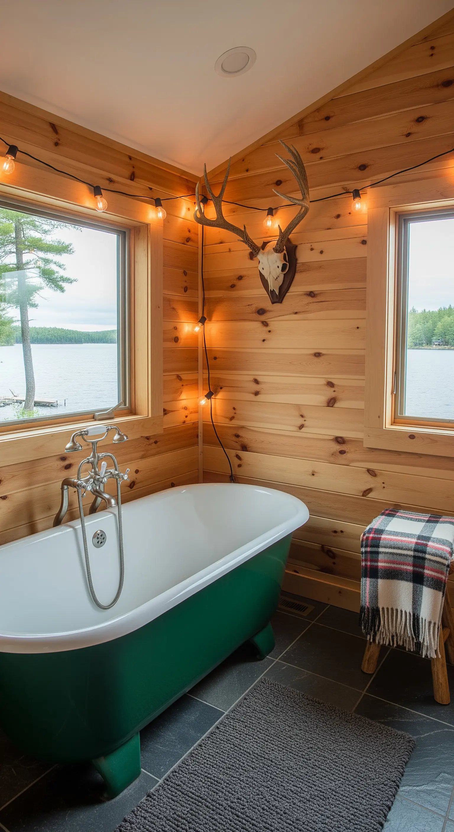 Bagno in legno con vasca verde e una ghirlanda di lampadine a globo appesa.