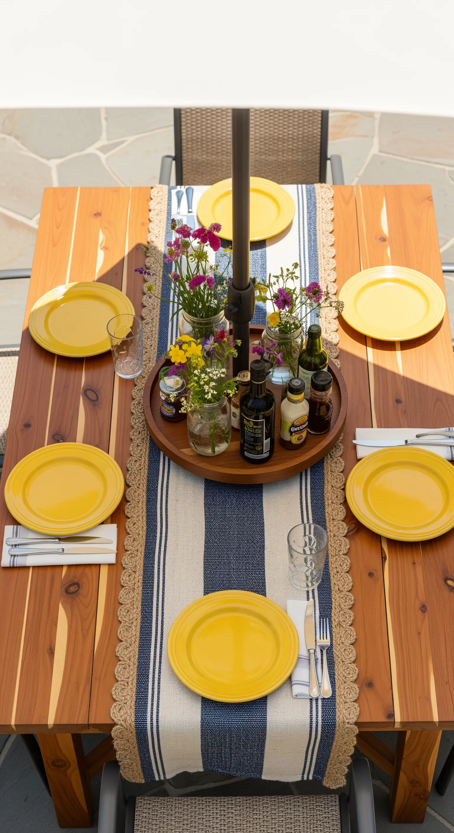 Tavola estiva con runner a righe blu, piatti gialli e vassoio in legno.