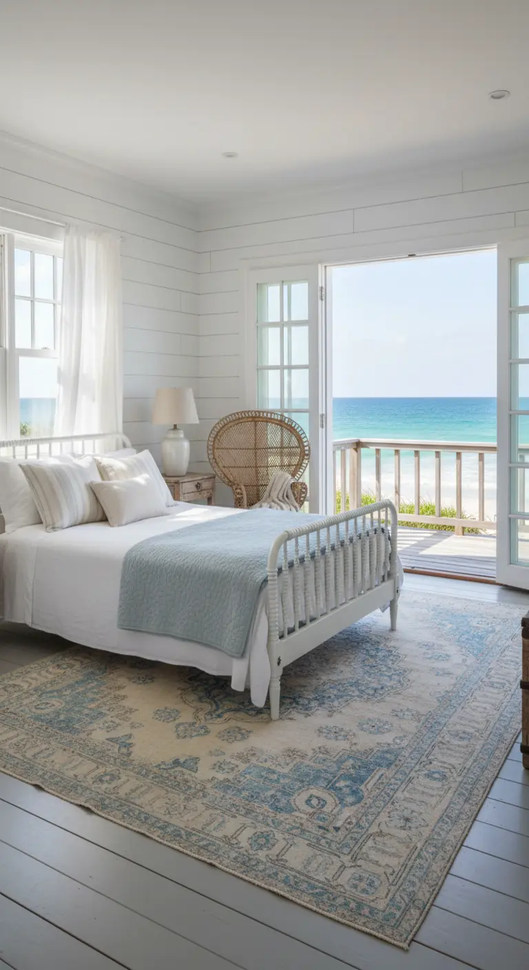 Camera da letto fronte mare con pareti in perlinato bianco e tappeto persiano azzurro.