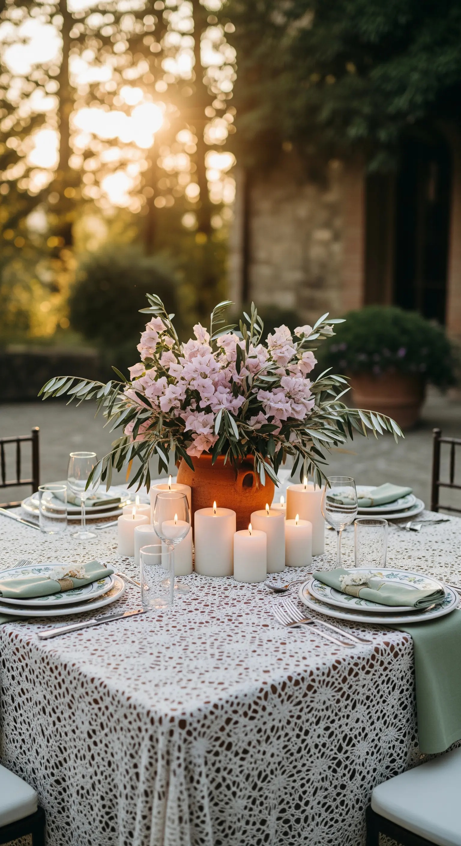 Tavola in stile mediterraneo con tovaglia crochet, vaso in terracotta e un gruppo di candele.