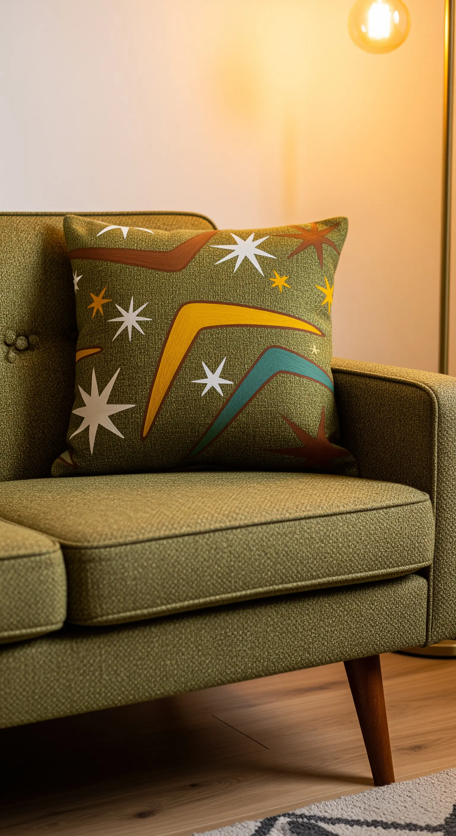 Cuscino verde oliva con motivi astratti mid-century, come boomerang e stelle, su un divano vintage.