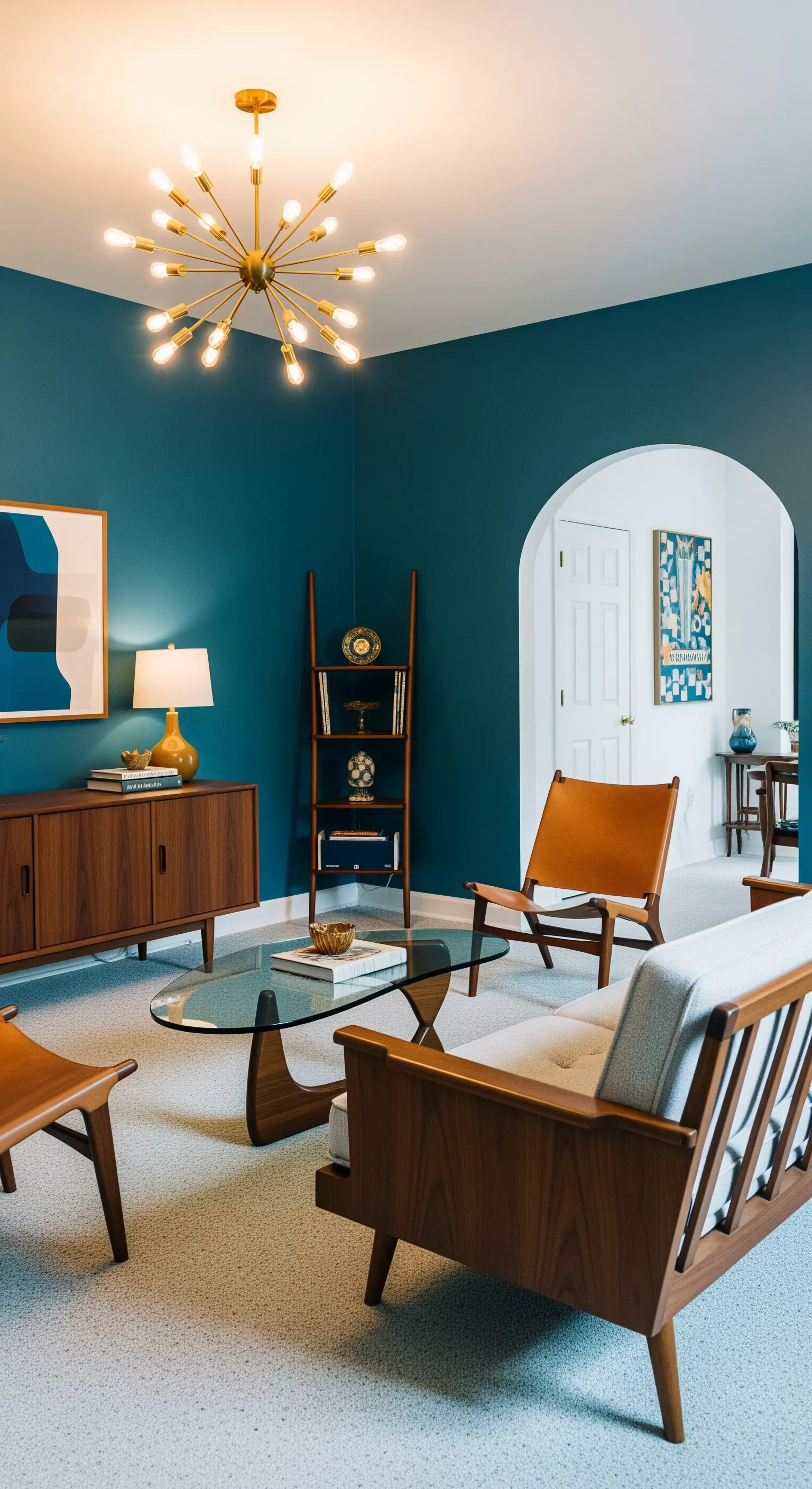 Salotto Mid-Century Modern con pareti ottanio, mobili in legno e lampadario Sputnik dorato.