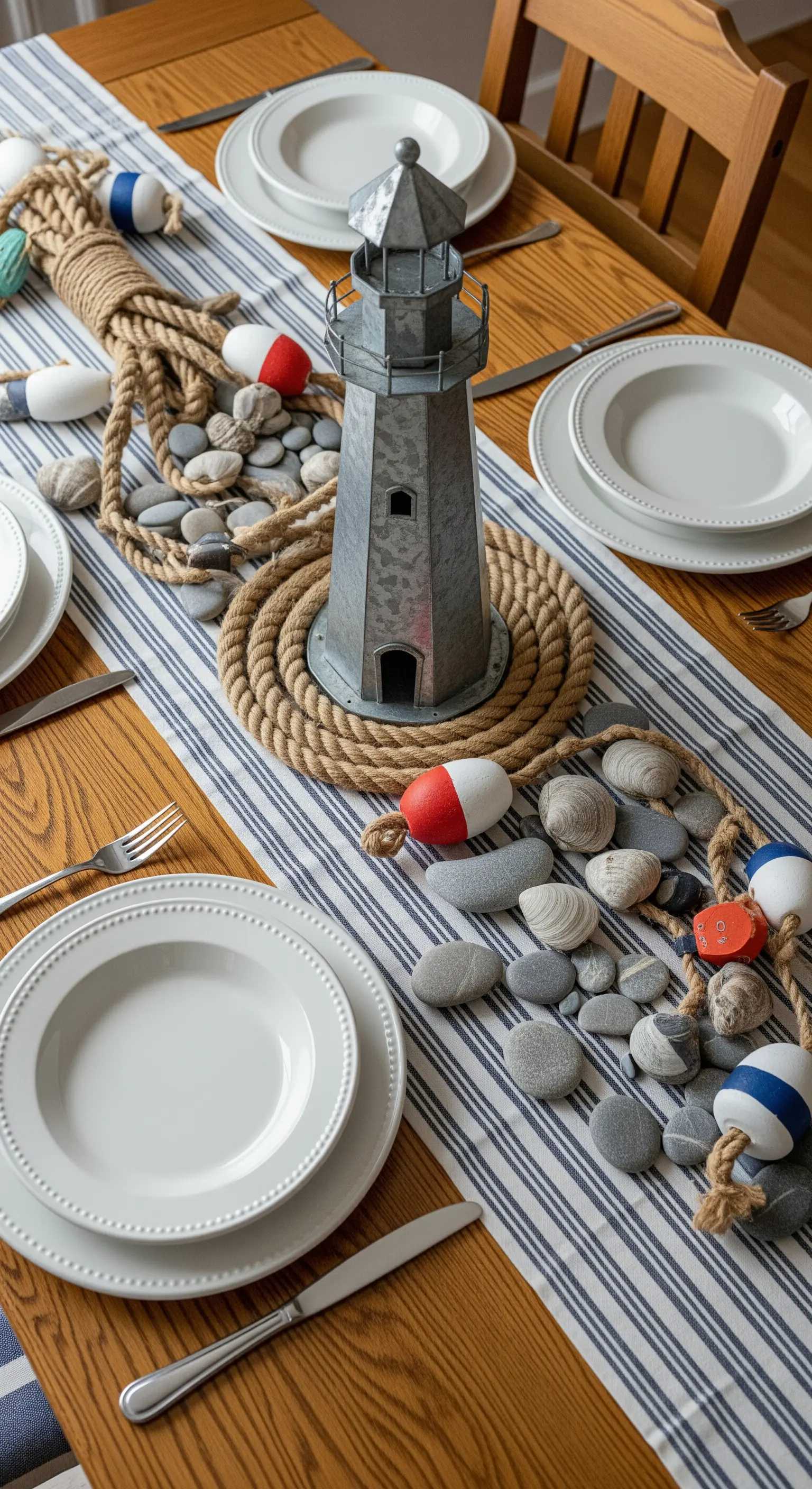 Tavola in stile nautico con runner a righe, faro decorativo e corda.