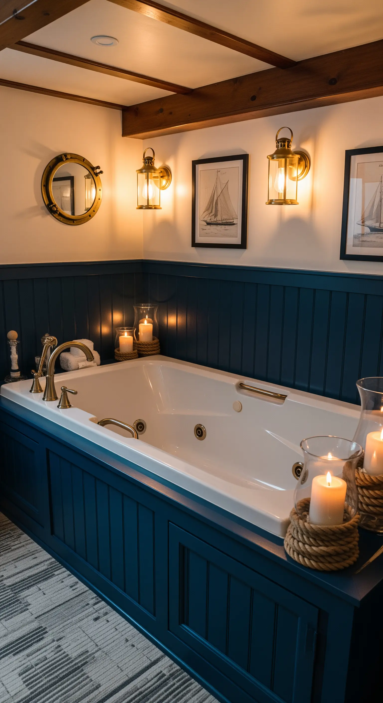 Bagno in stile nautico con vasca pannellata in blu, finiture in ottone e lampade da barca.