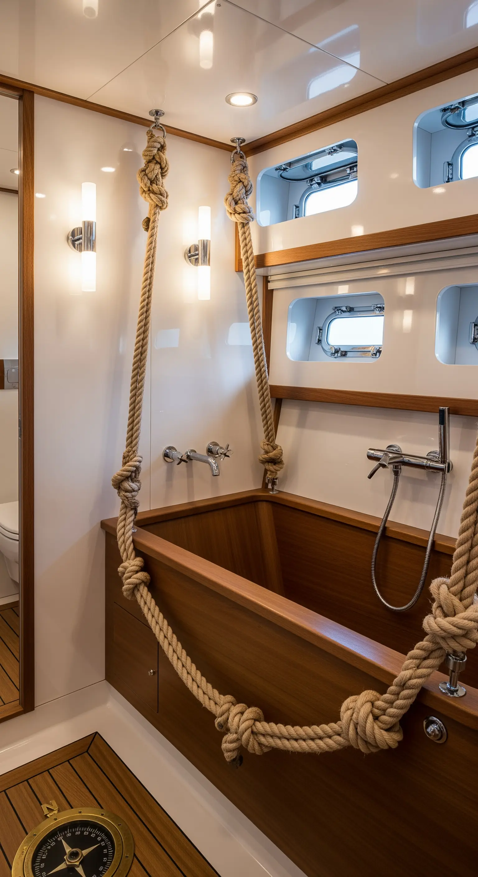 Piccola vasca in legno sospesa con grosse corde nautiche in un bagno compatto stile cabina di barca.