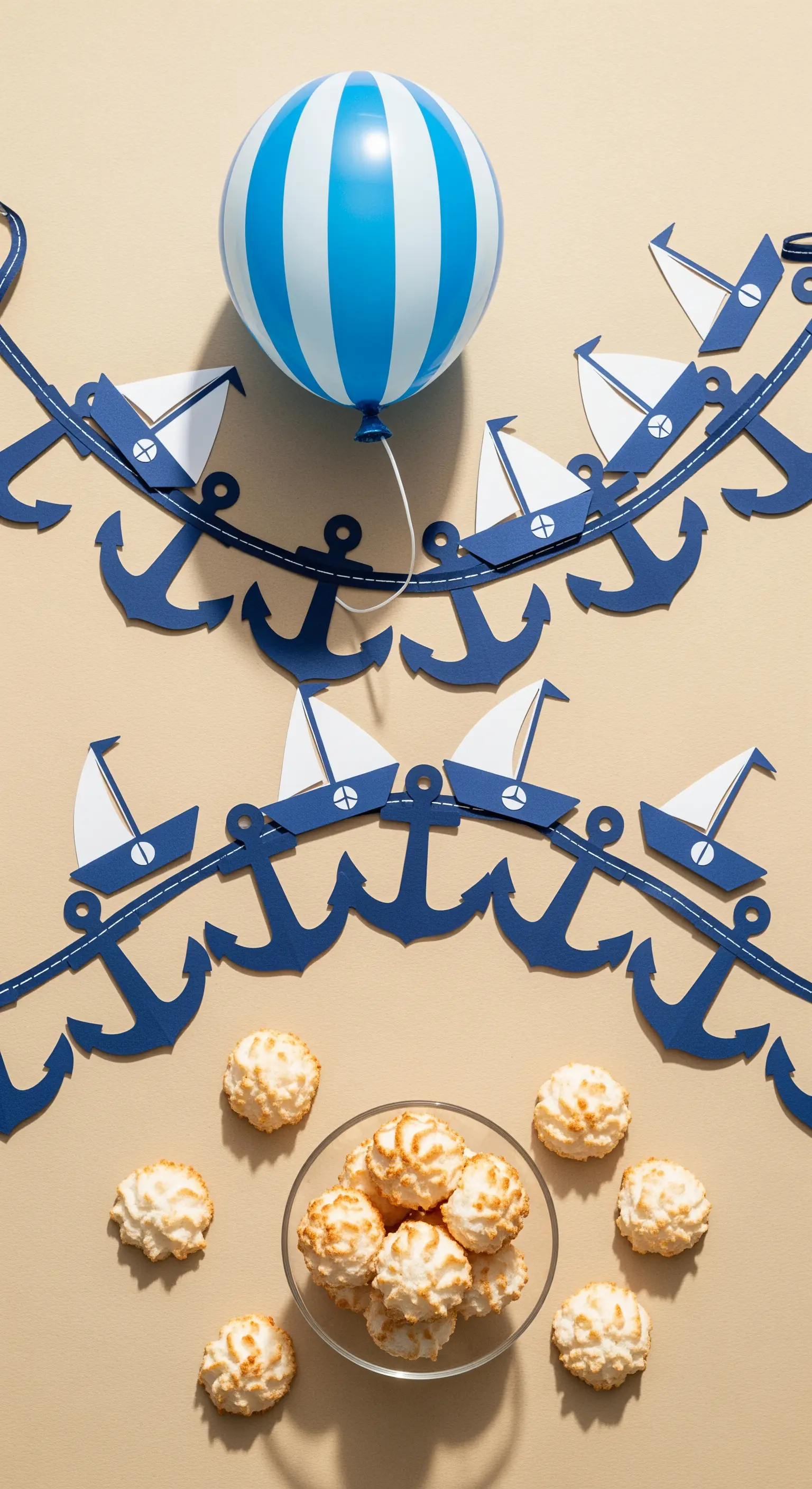 Decorazioni a tema nautico con ghirlanda di ancore e barche di carta blu e dolcetti al cocco.