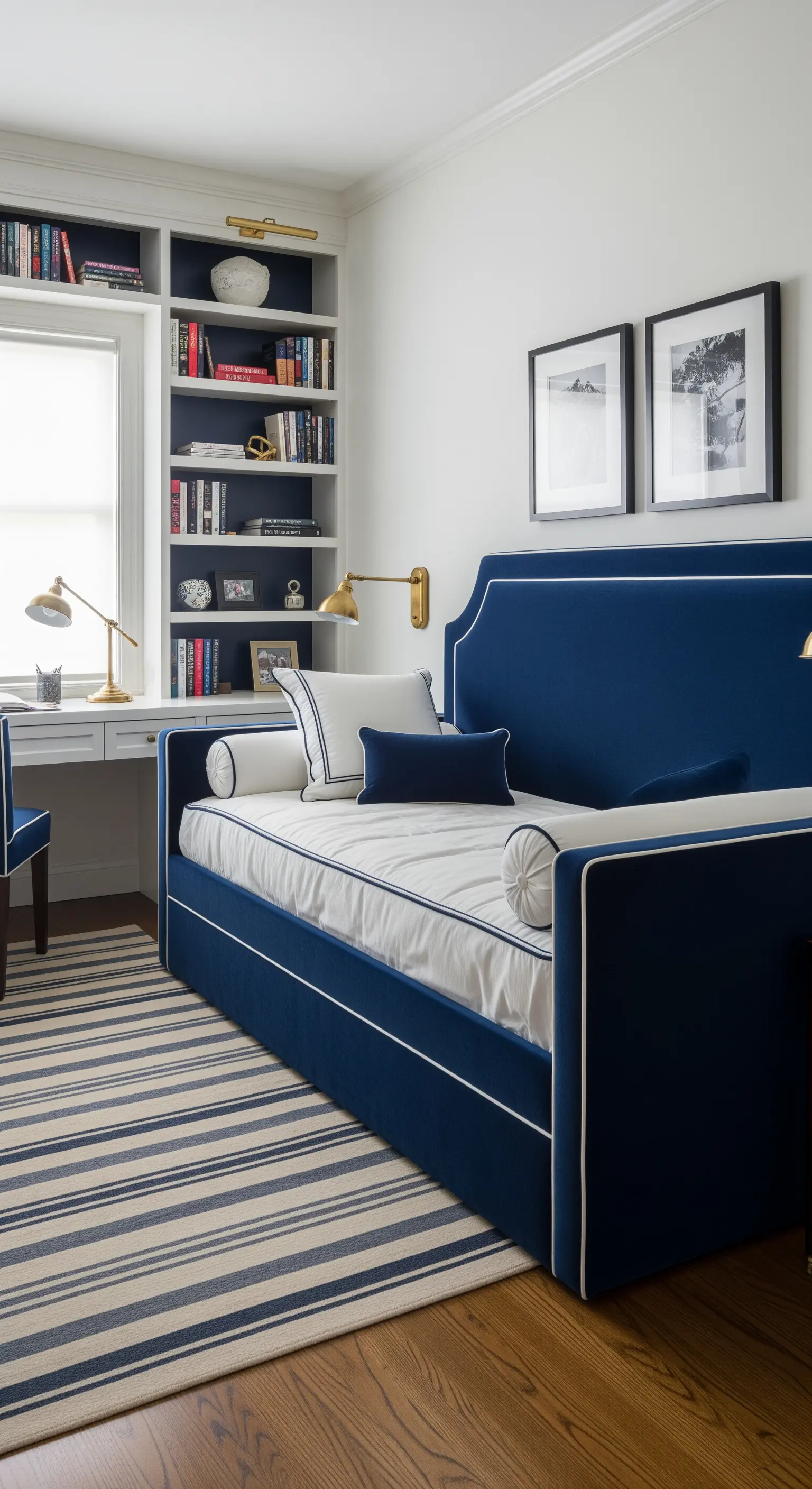 Divano letto in velluto blu con profili bianchi in uno studio con libreria.