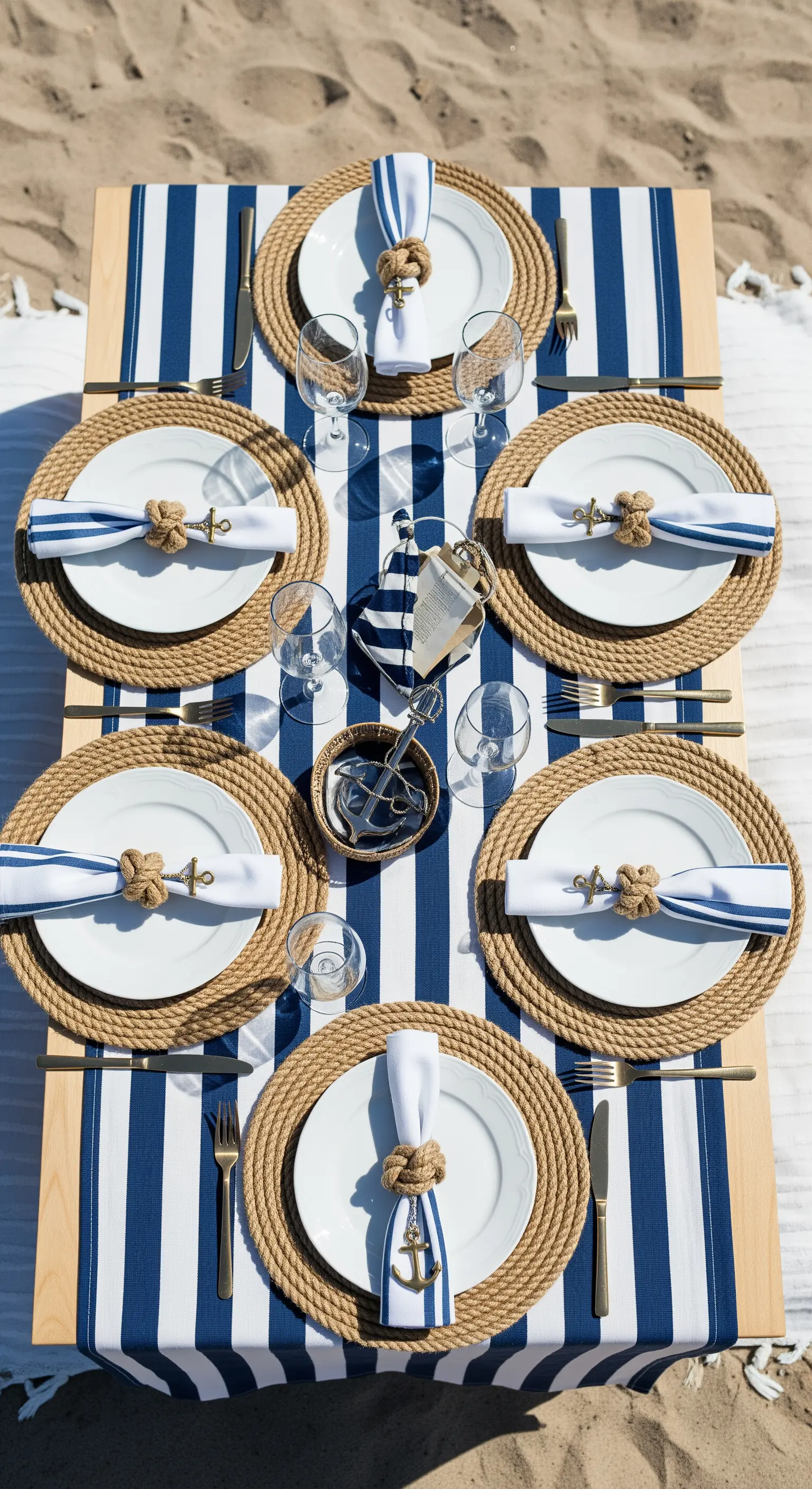 Tavola a tema nautico con tovaglia a righe blu, sottopiatti in corda e nodi marinari