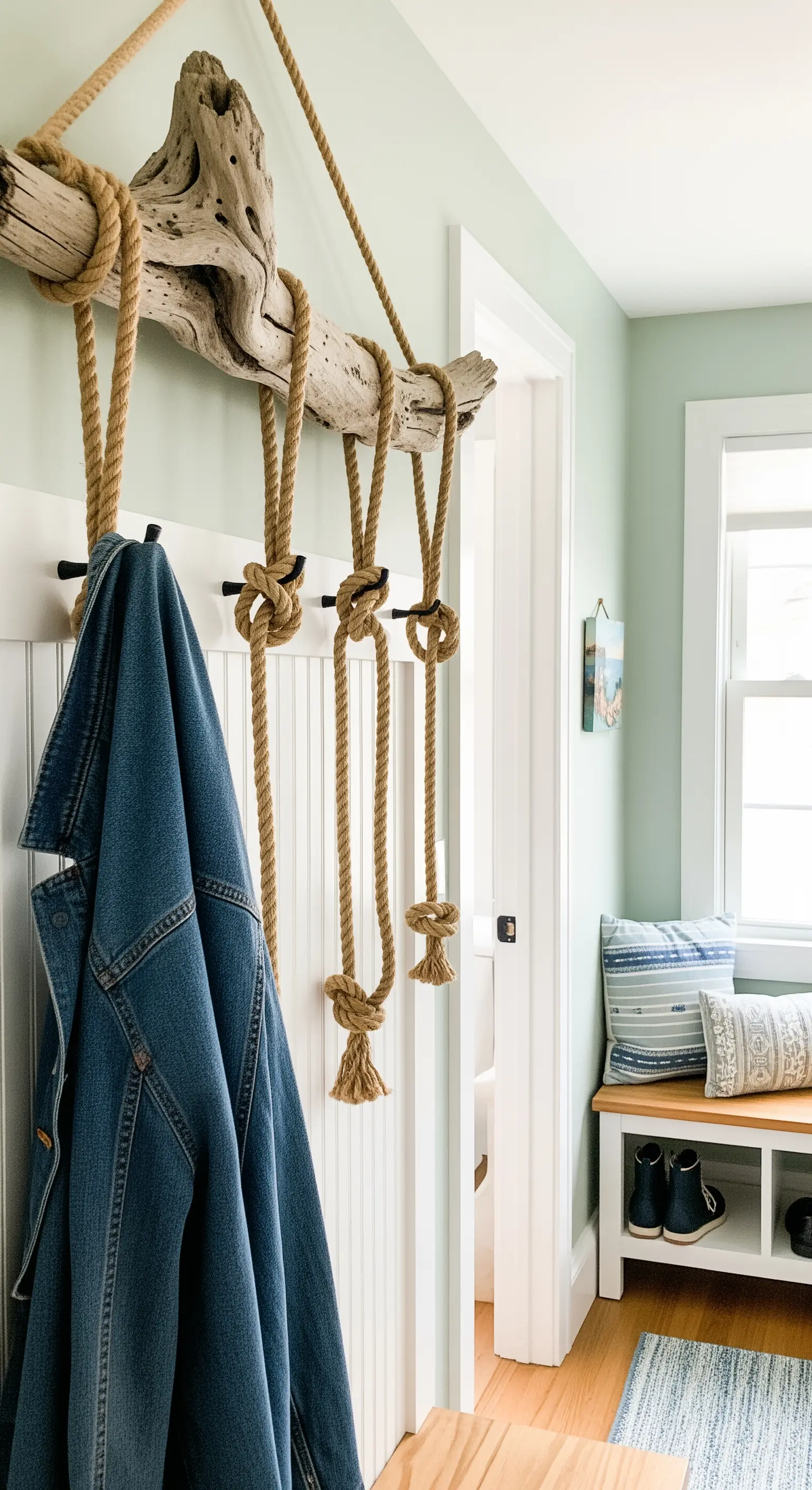 Ramo di driftwood con corde di iuta spesse usate come ganci per una giacca di jeans.