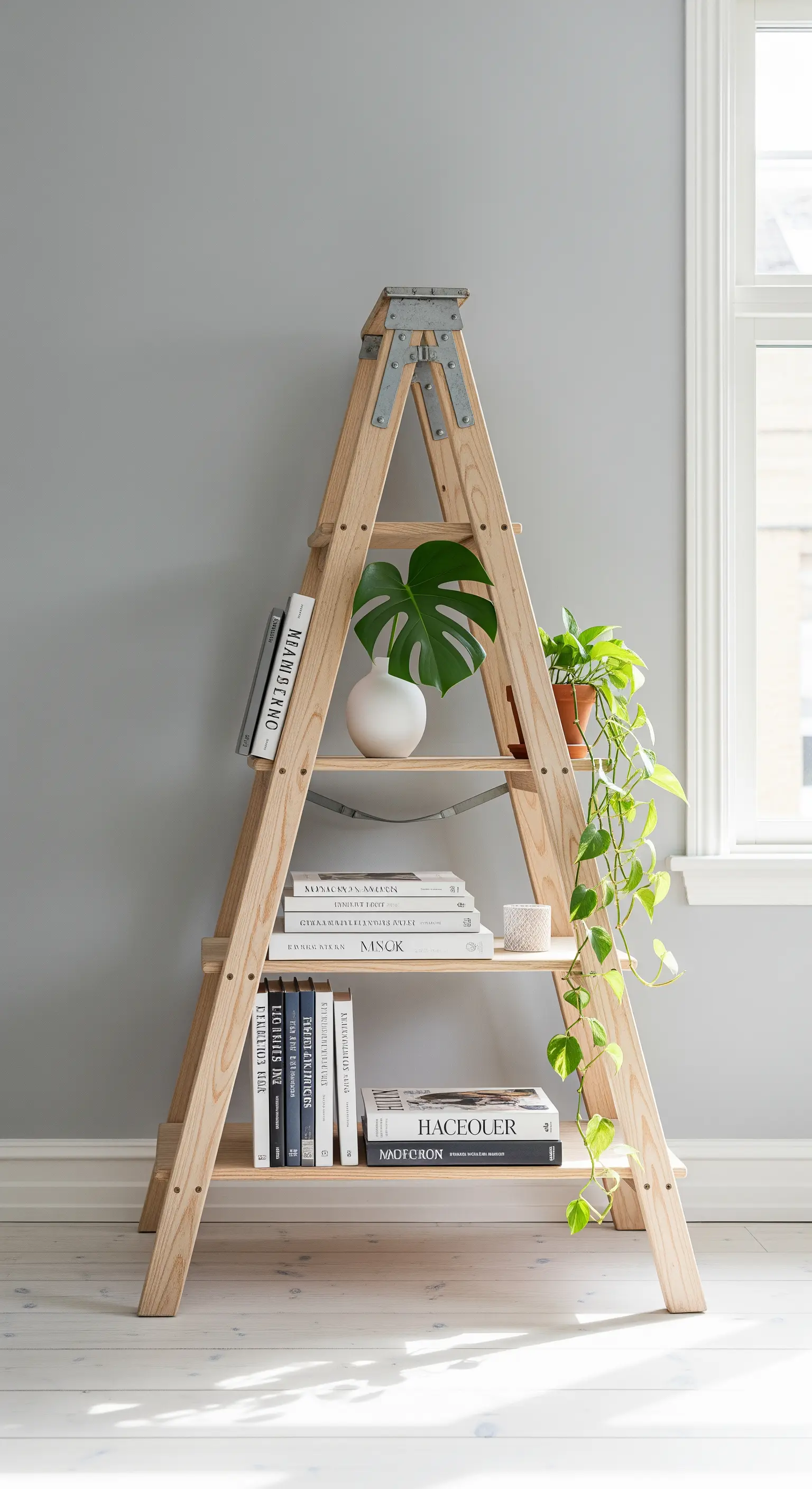 Scala a pioli in legno chiaro usata come libreria minimalista con piante.