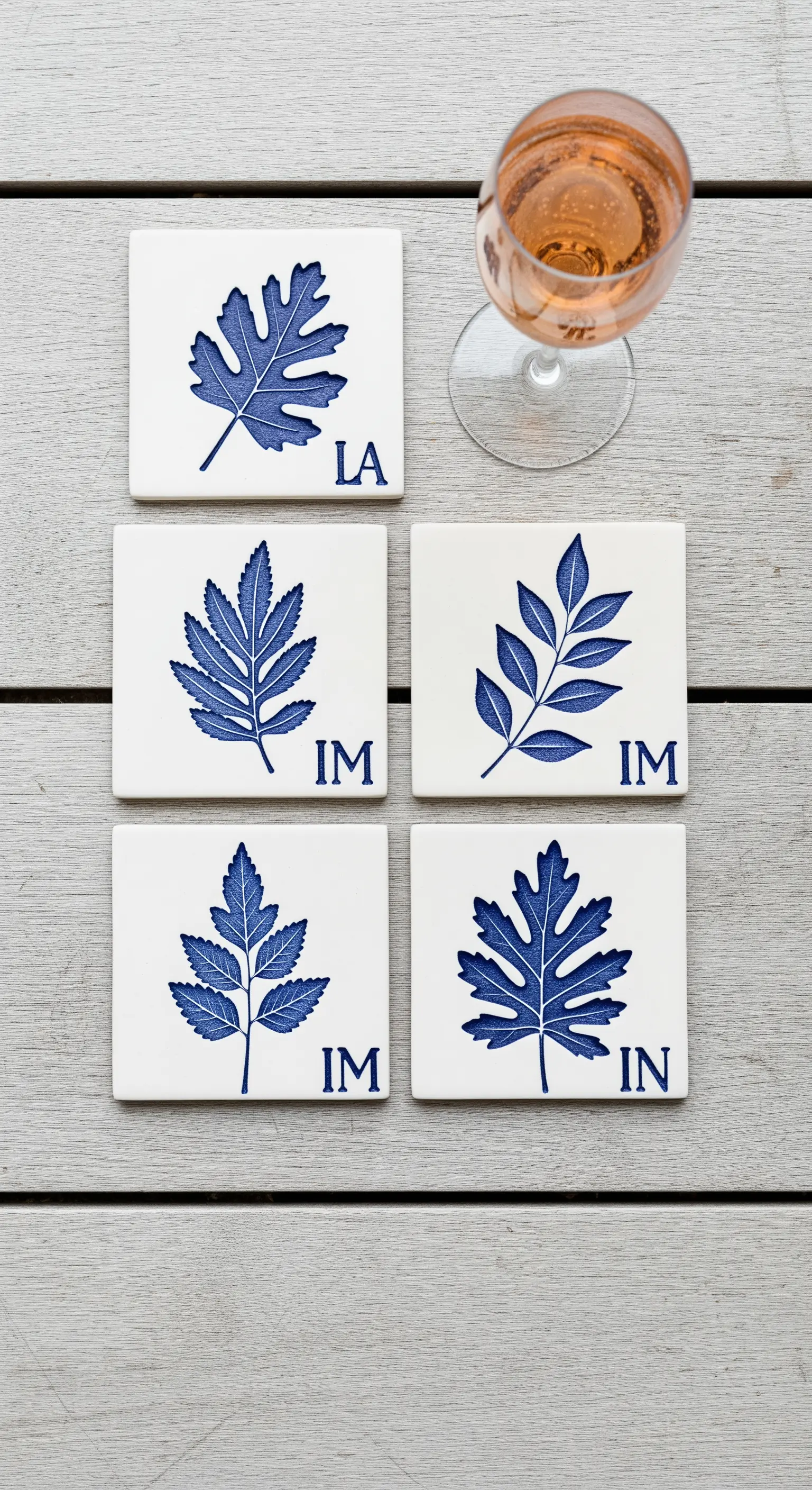 Sottobicchieri in ceramica bianca con disegni di foglie blu e iniziali