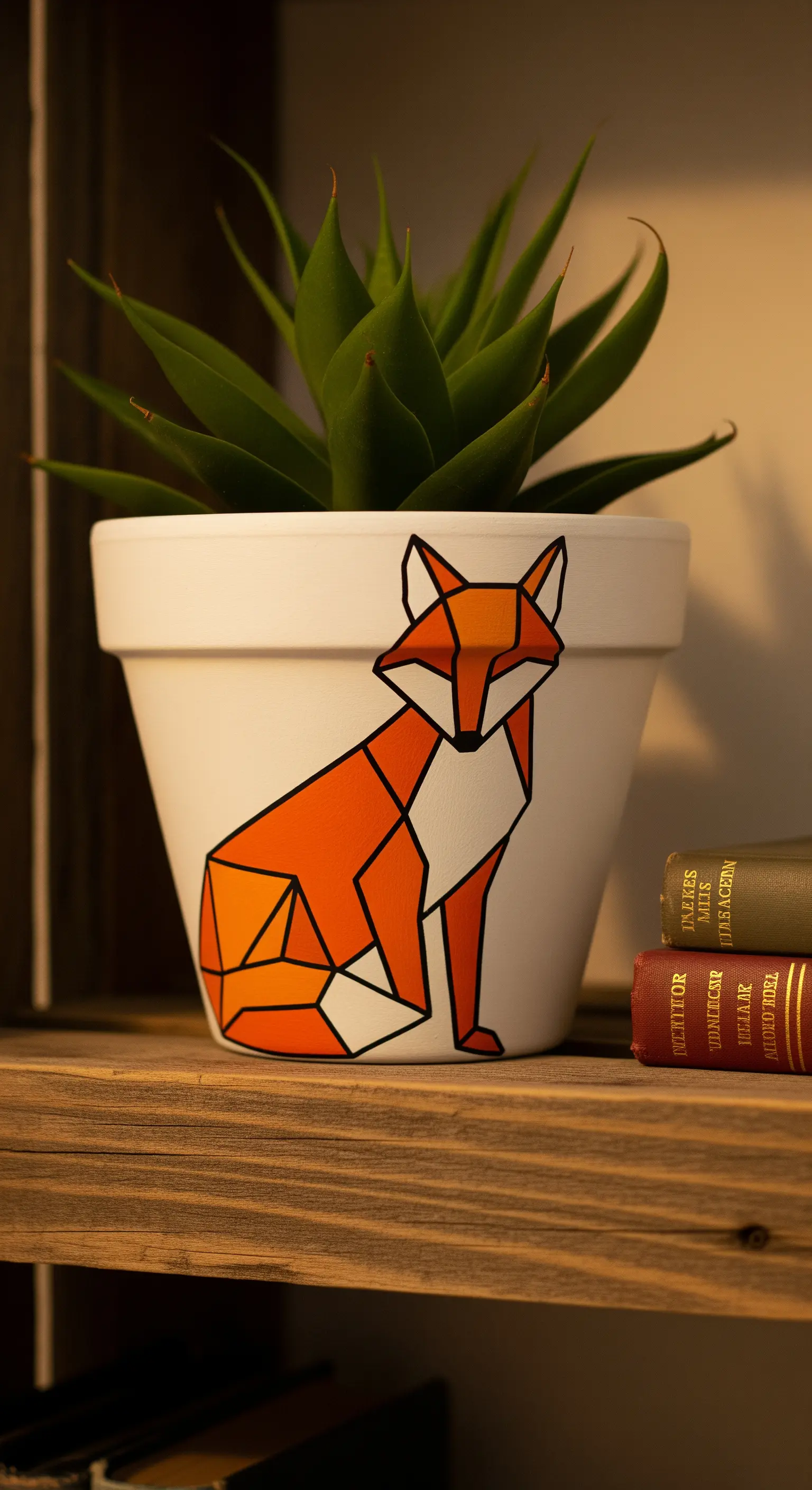 Vaso bianco con l'illustrazione di una volpe arancione in stile geometrico poligonale.