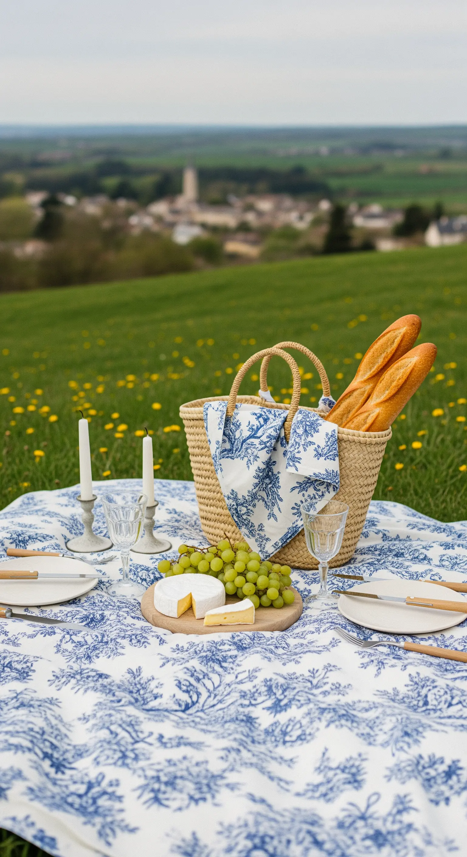 Picnic in stile francese con tovaglia Toile de Jouy, baguette, formaggio e candelabri.