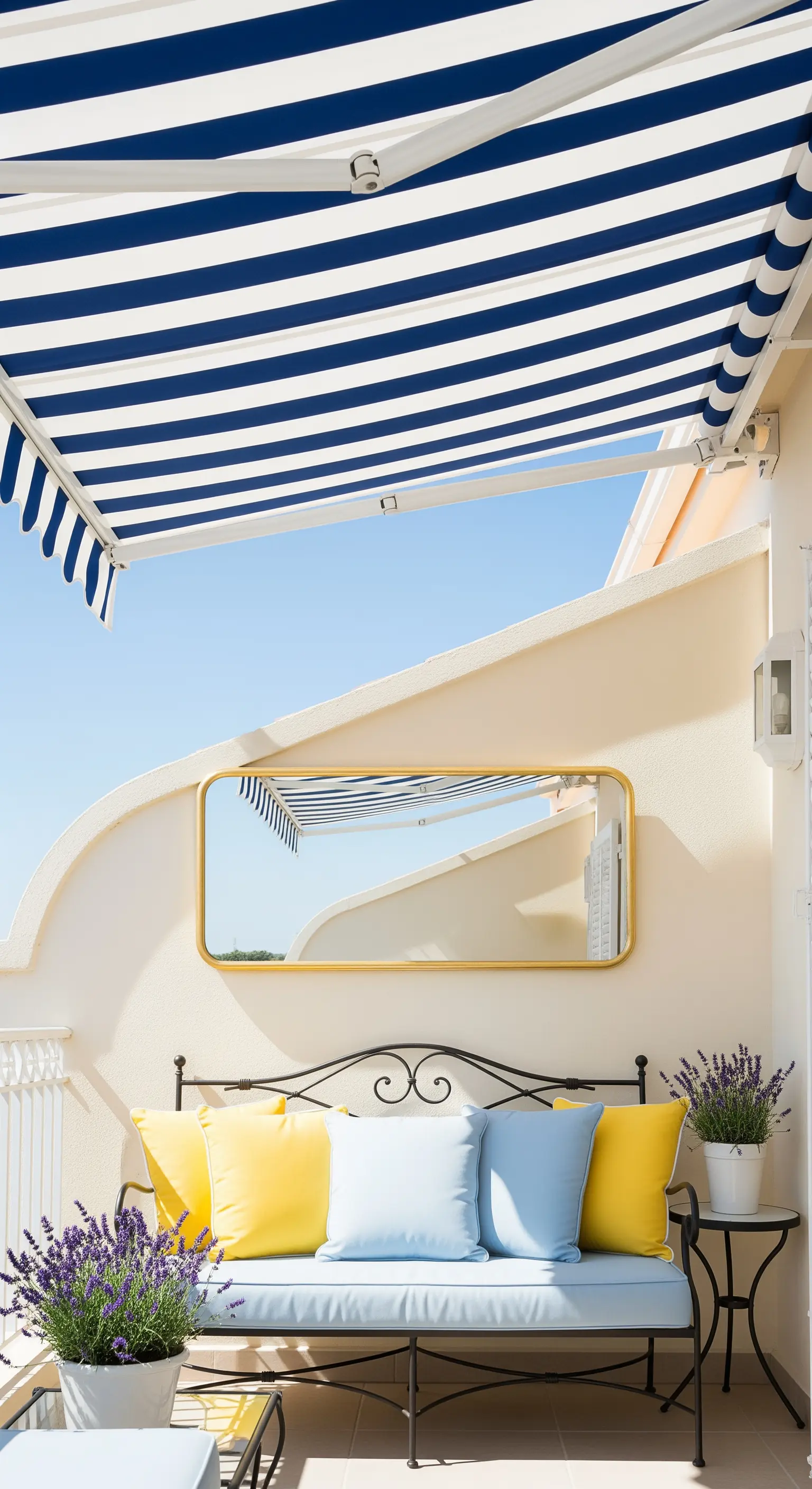 Balcone con tenda a righe bianche e blu, panca in ferro battuto e cuscini gialli.
