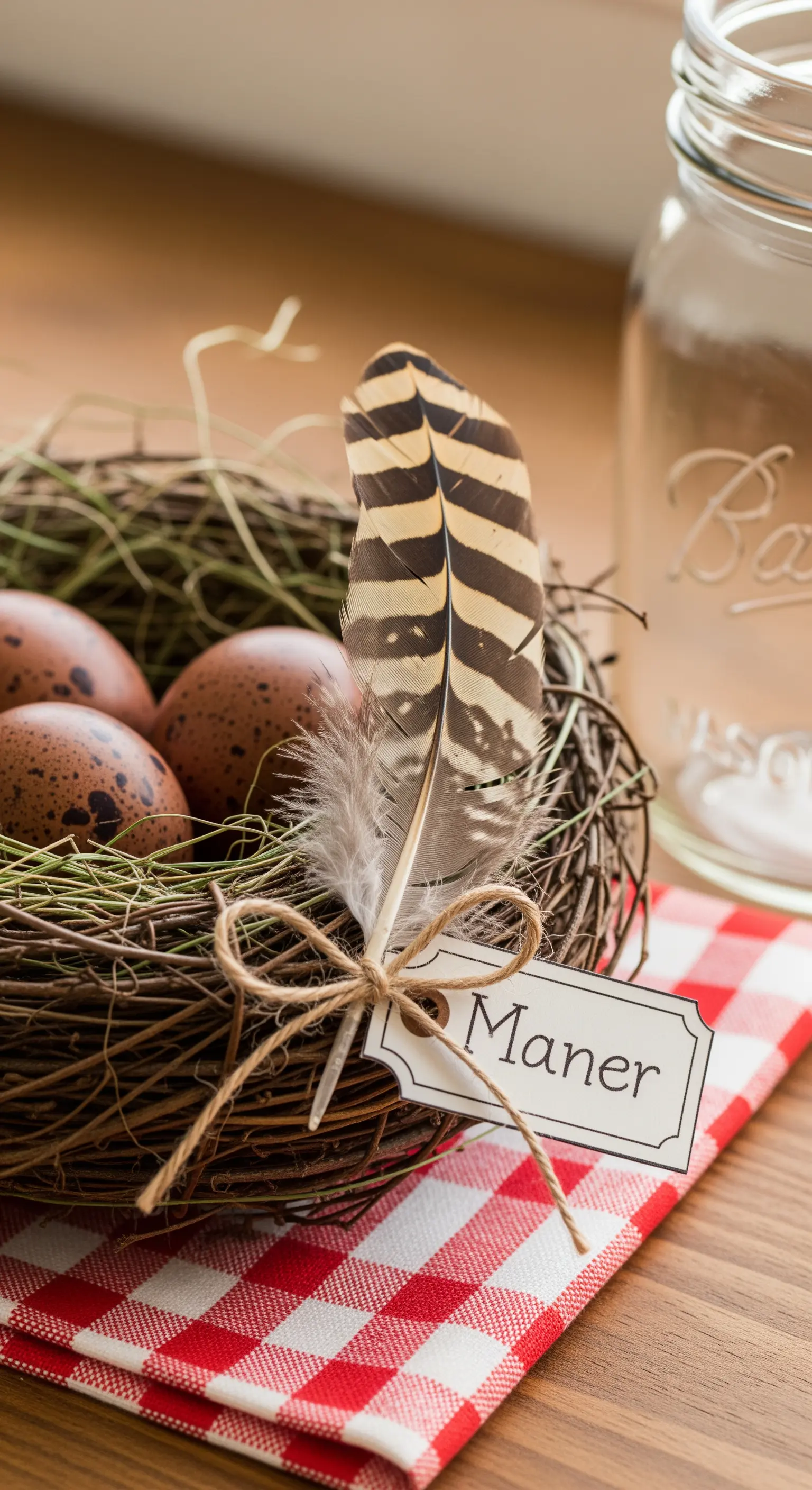 Nido rustico con uova di quaglia su un tovagliolo a quadretti rossi.