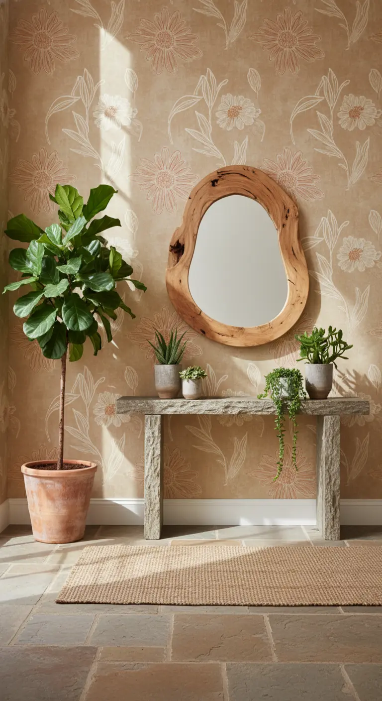Ingresso rustico con carta da parati beige, console in pietra e specchio in legno grezzo.