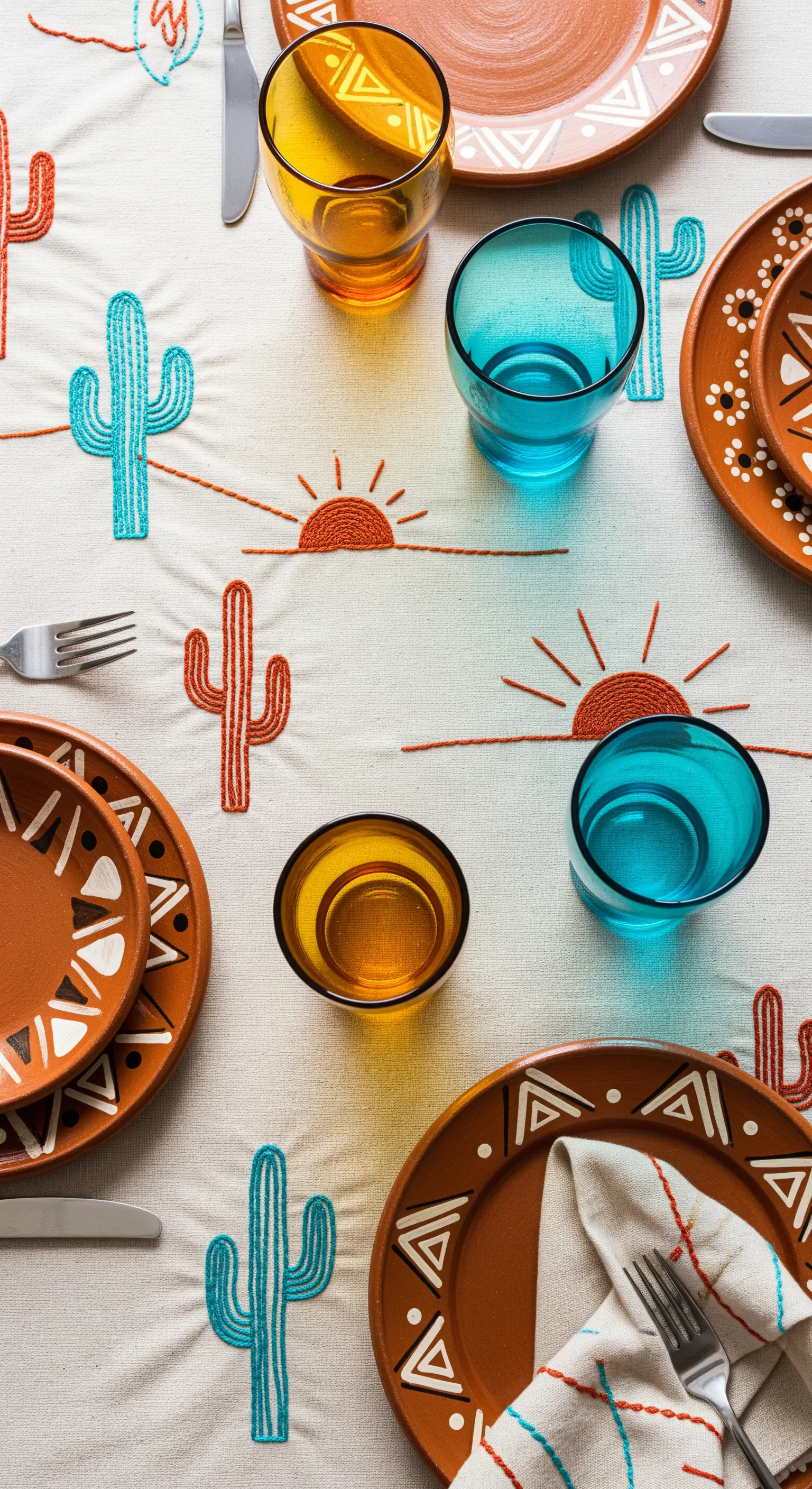 Tavola in stile Southwestern con tovaglia ricamata a cactus e piatti in terracotta.