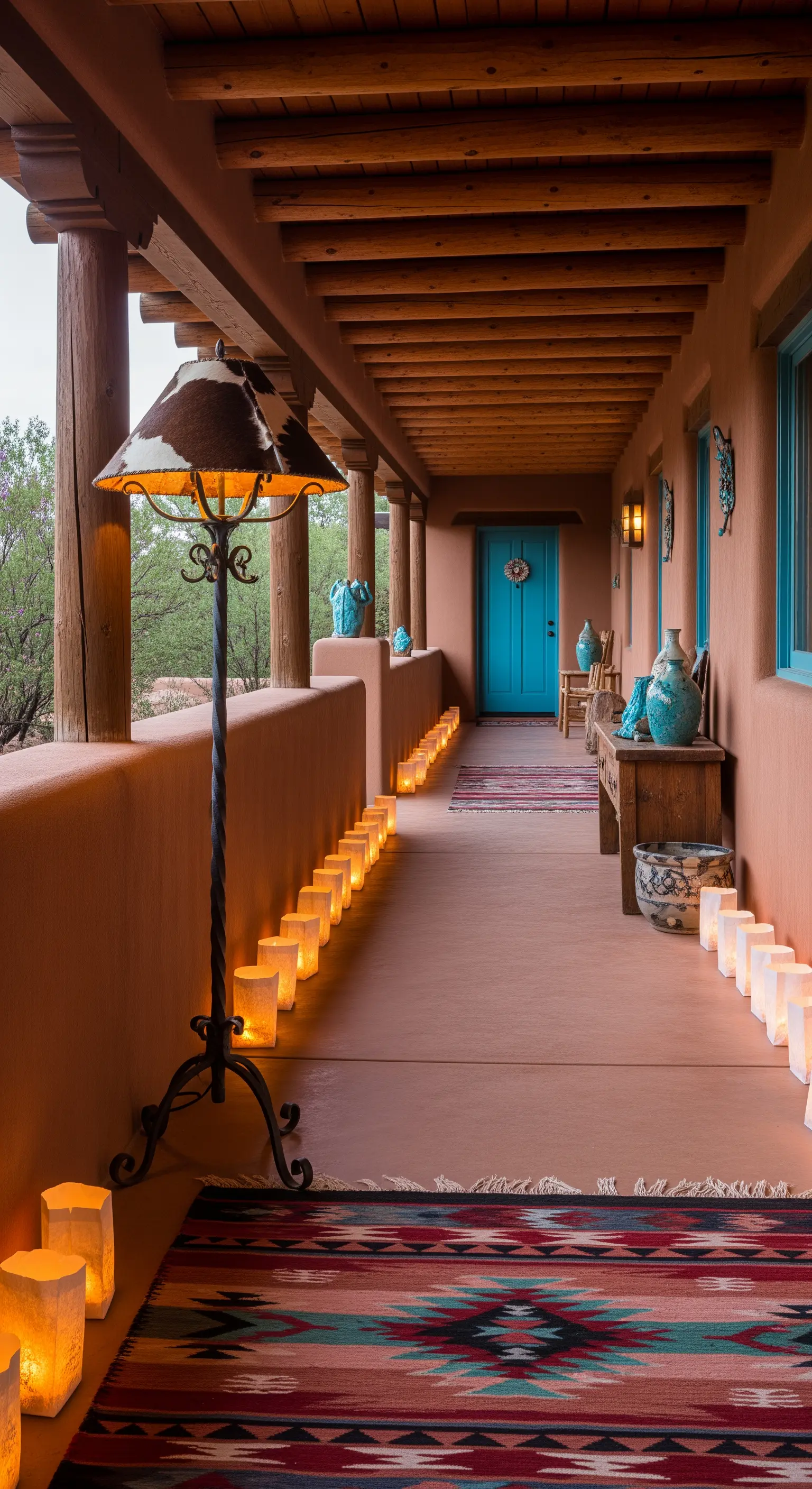 Portico in stile Southwestern con lampada in ferro, tappeti navajo e luminarias lungo il bordo.