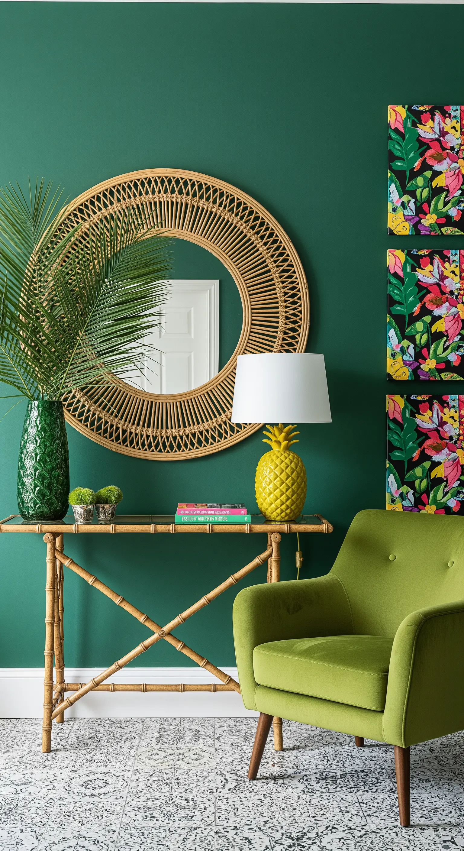 Ingresso tropicale con parete verde, specchio in rattan, consolle in bambù e poltrona verde