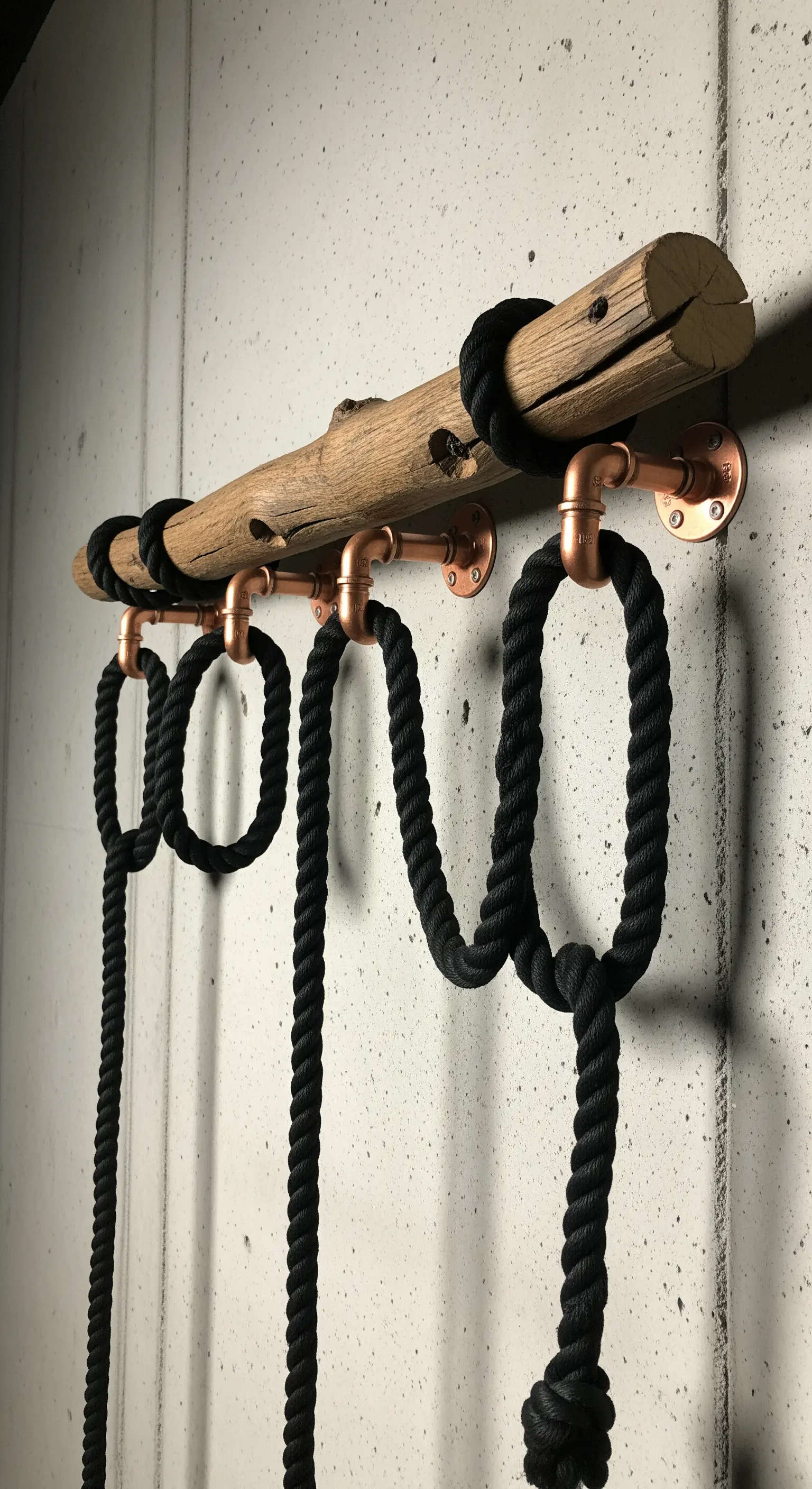 Appendiabiti industriale con ramo grezzo, supporti in rame e spesse corde nere come ganci.