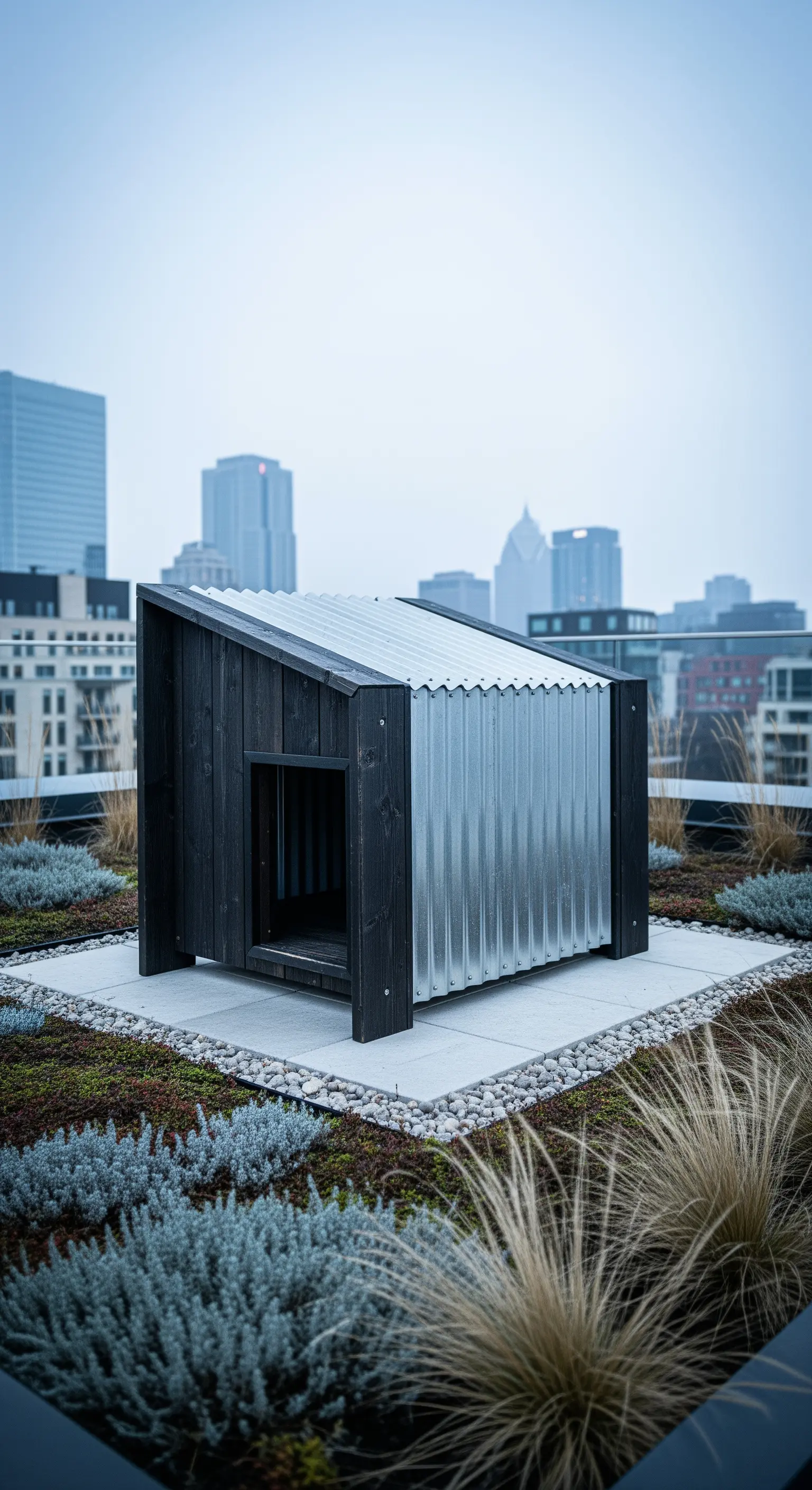 Cuccia di design industriale con legno nero e lamiera ondulata su un tetto di città.