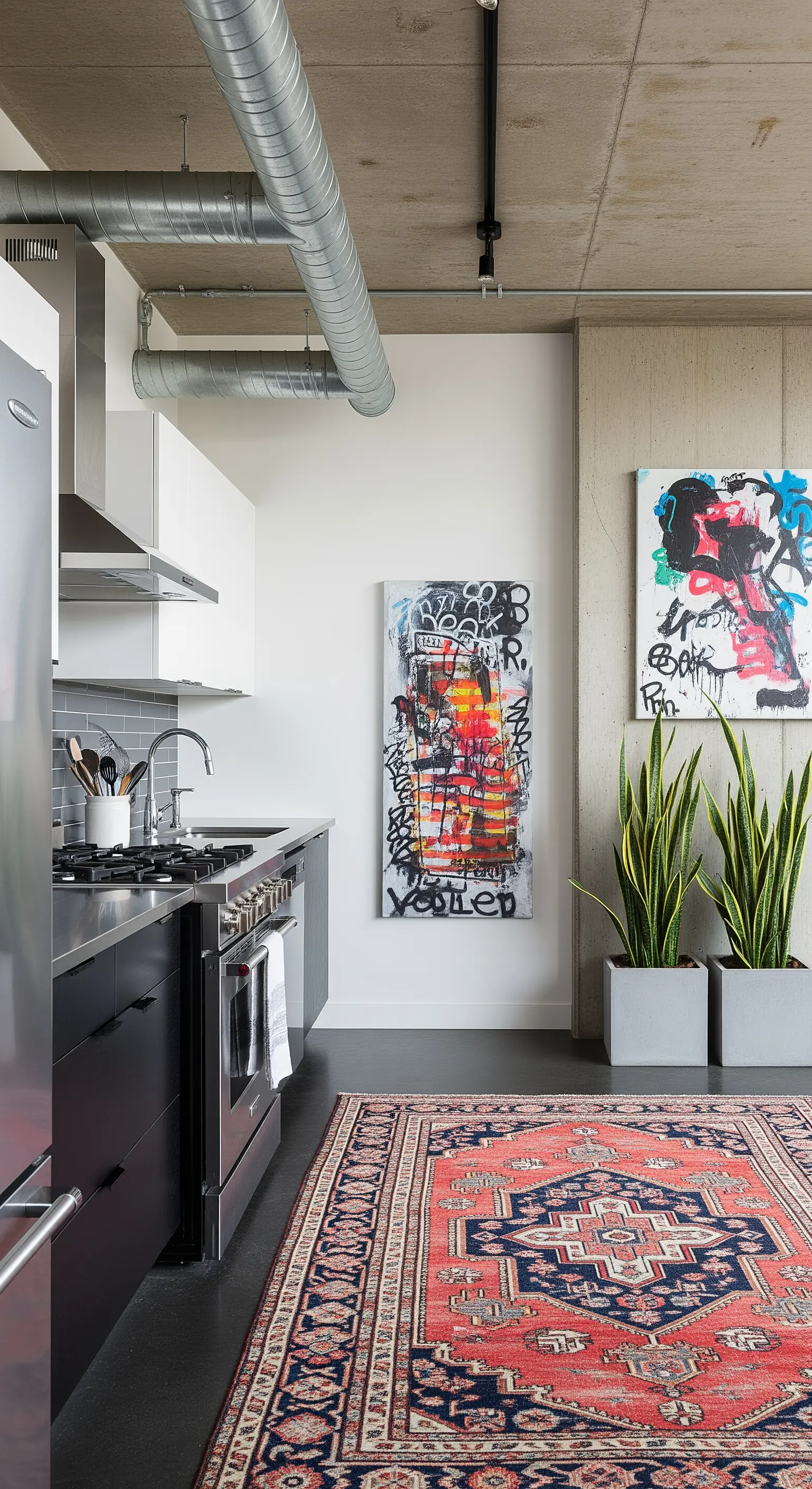 Cucina industriale con opere d'arte stile graffiti, piante di sansevieria e un tappeto persiano.