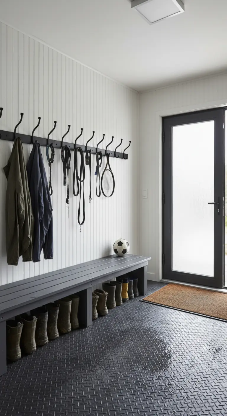 Panca e ganci neri in una mudroom con pavimento industriale e spazio per gli stivali.
